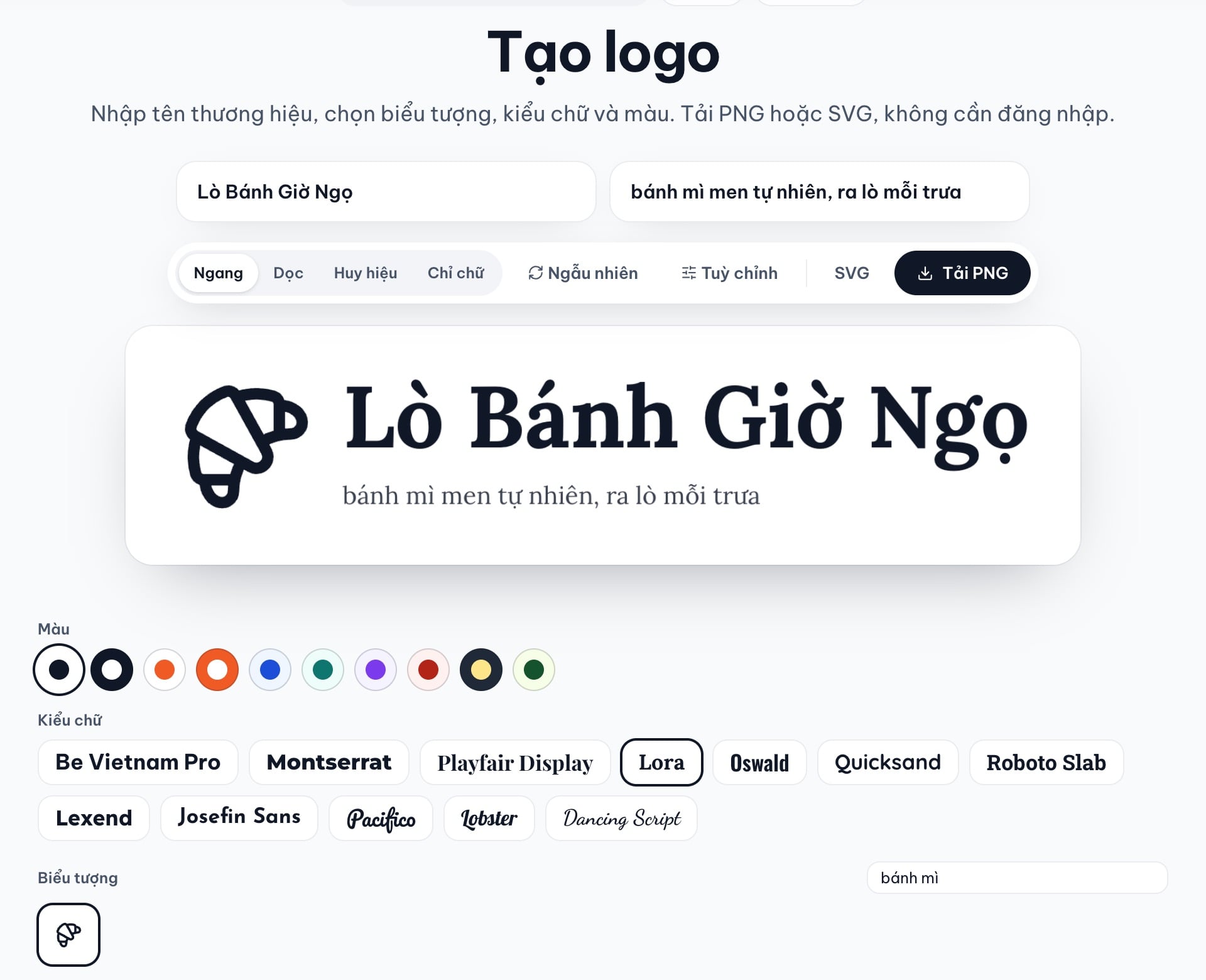 Công cụ Tạo logo sau khi chọn biểu tượng bánh sừng bò và font Lora, ô tìm biểu tượng đang ghi bánh mì