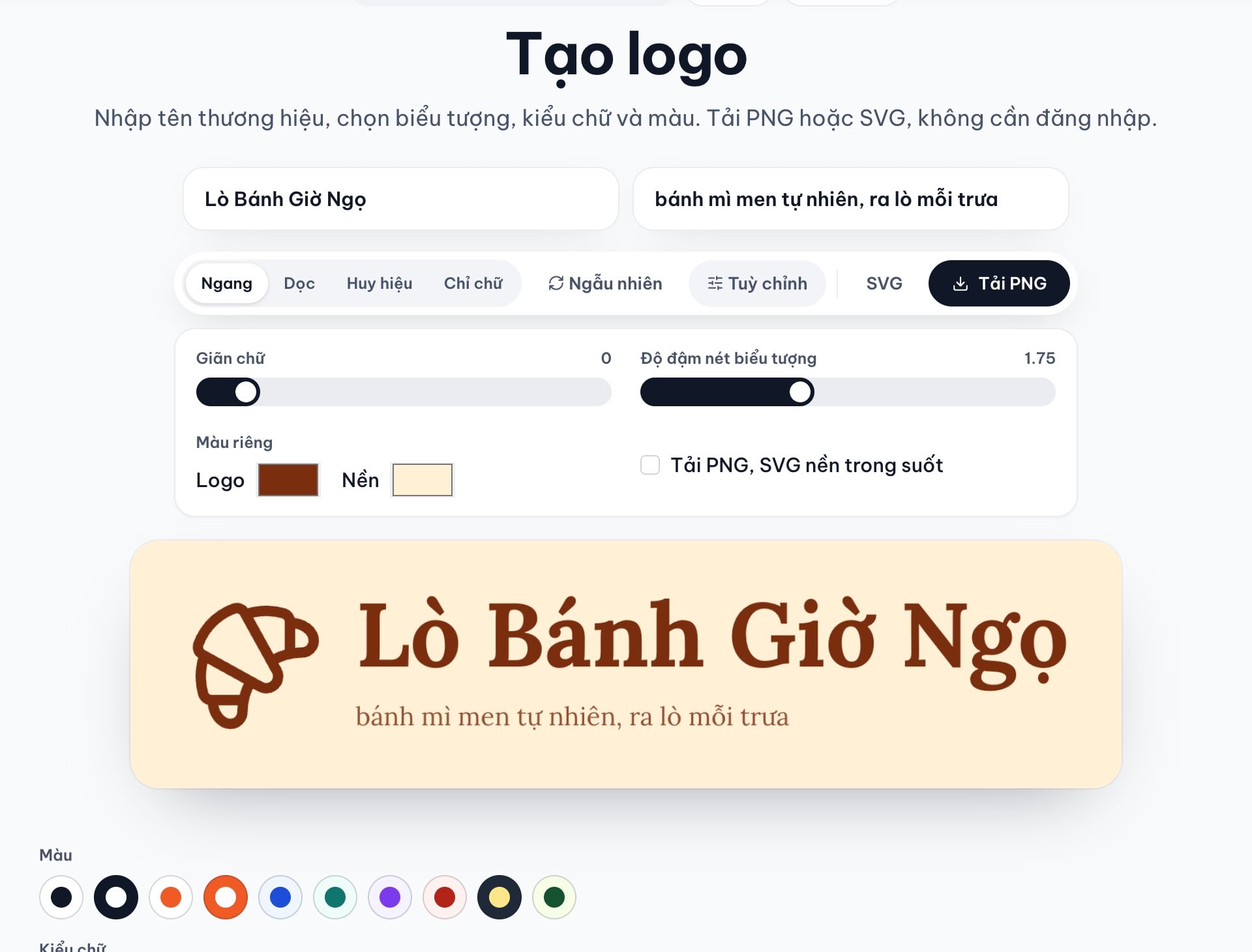Bảng Tuỳ chỉnh của công cụ Tạo logo: thanh giãn chữ, độ đậm nét biểu tượng, hai ô màu riêng và ô nền trong suốt