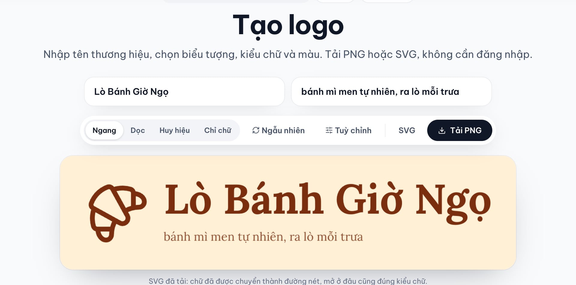 Dòng thông báo SVG đã tải hiện dưới khung xem trước logo Lò Bánh Giờ Ngọ