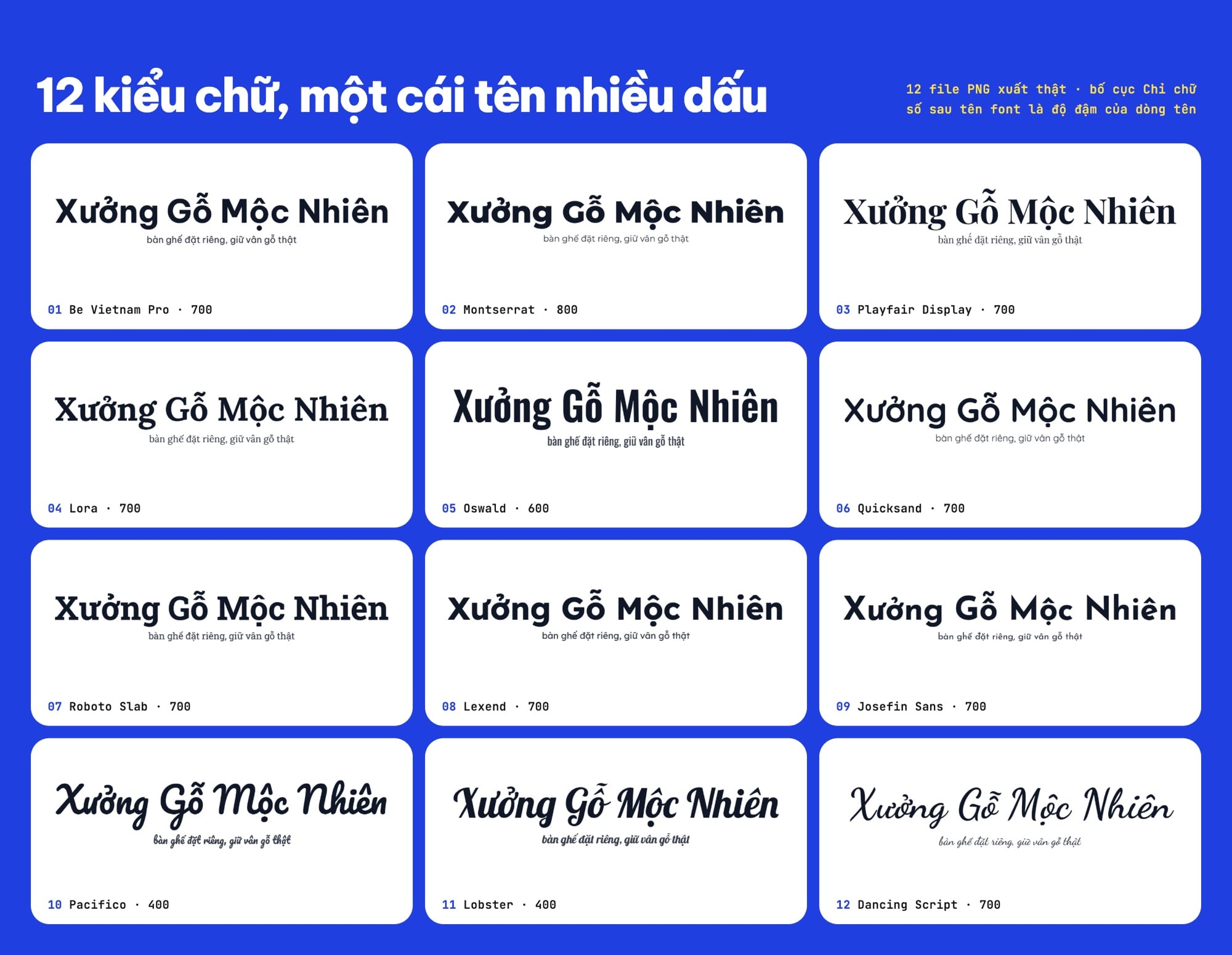 Tên Xưởng Gỗ Mộc Nhiên hiển thị ở 12 kiểu chữ của công cụ Tạo logo, tất cả đủ dấu tiếng Việt