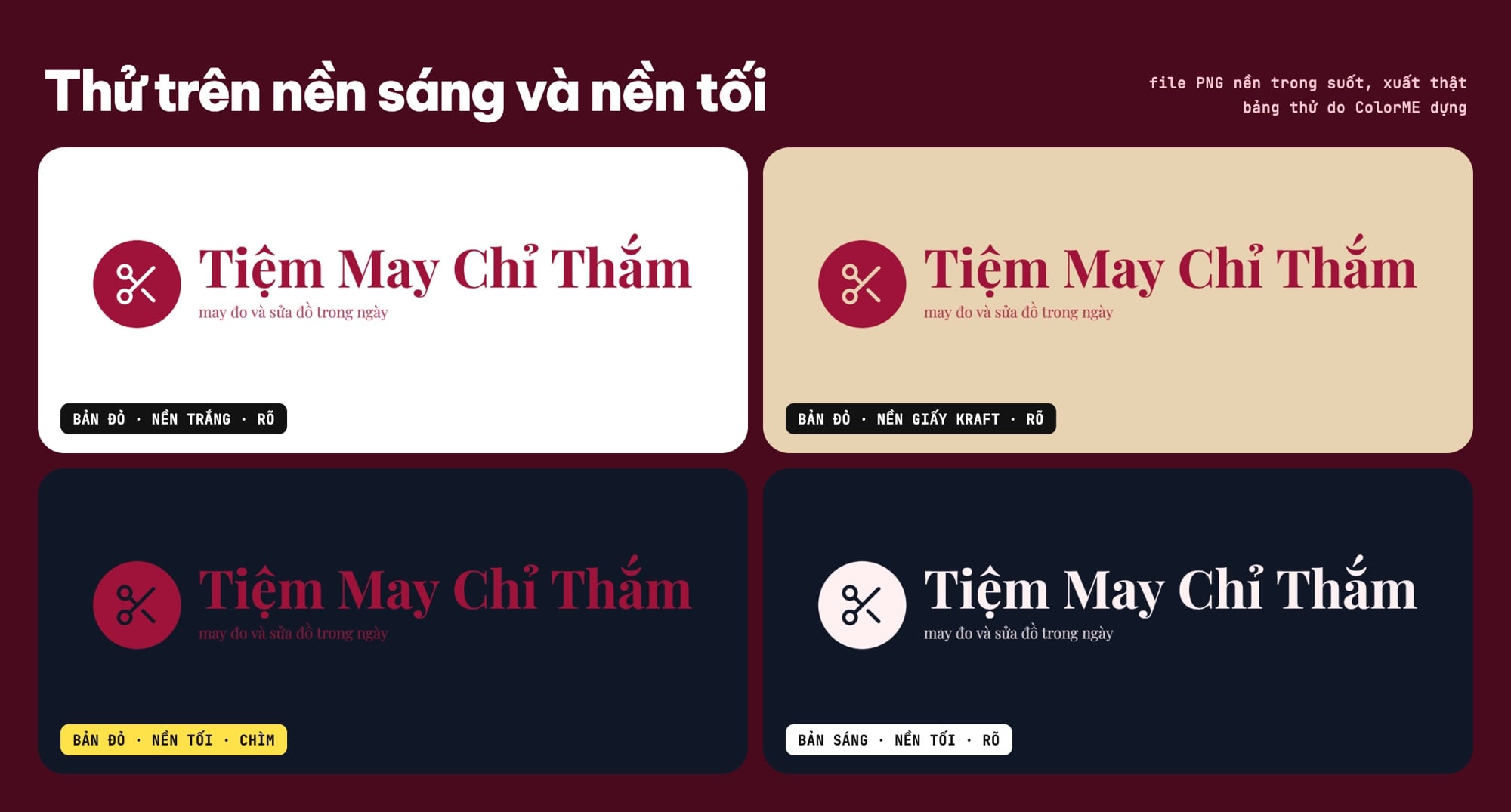 Logo Tiệm May Chỉ Thắm bản đỏ trên nền trắng, nền kraft, nền tối và bản sáng trên nền tối