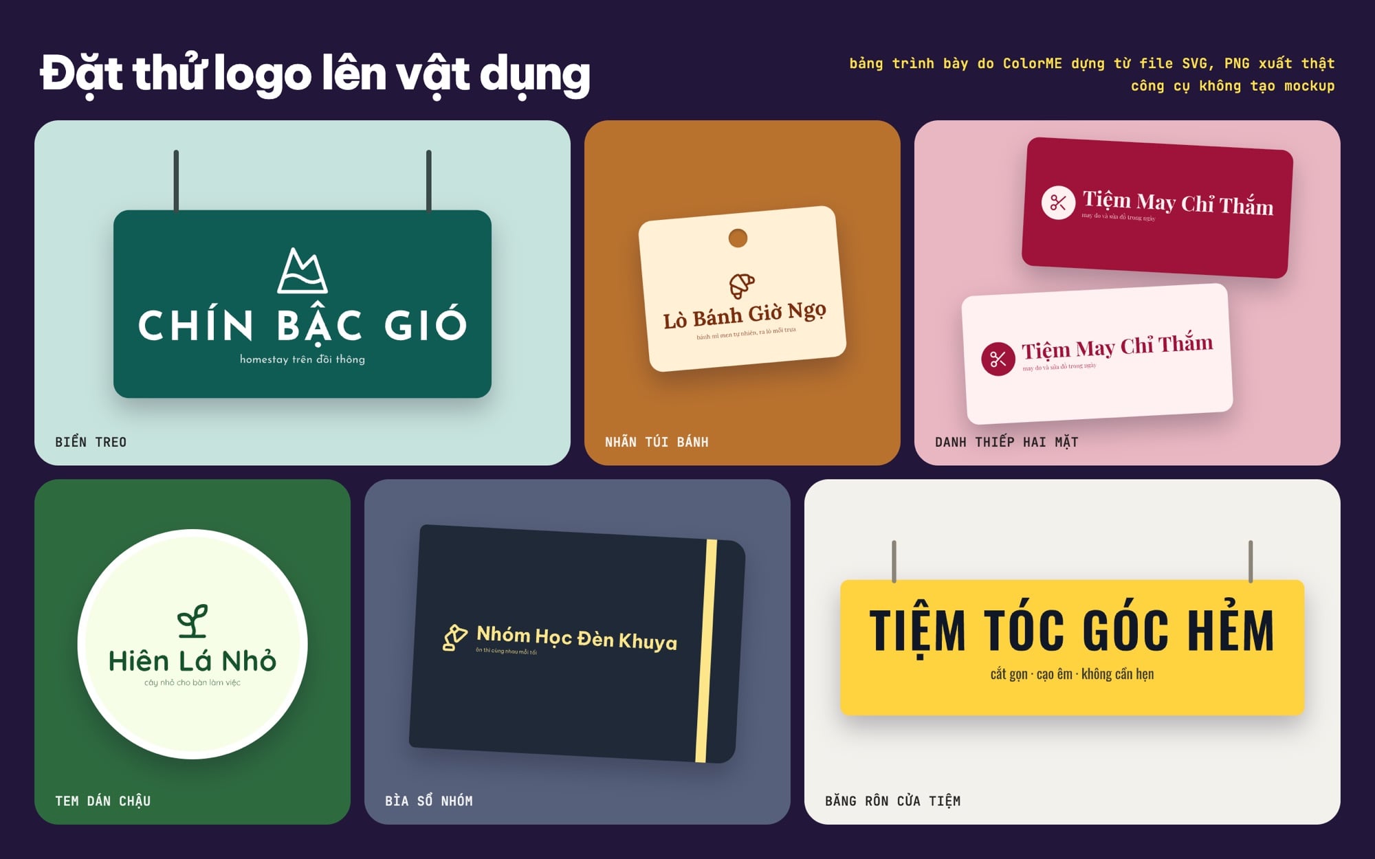 Sáu logo đặt thử lên biển treo, nhãn túi bánh, danh thiếp, tem dán, bìa sổ và băng rôn