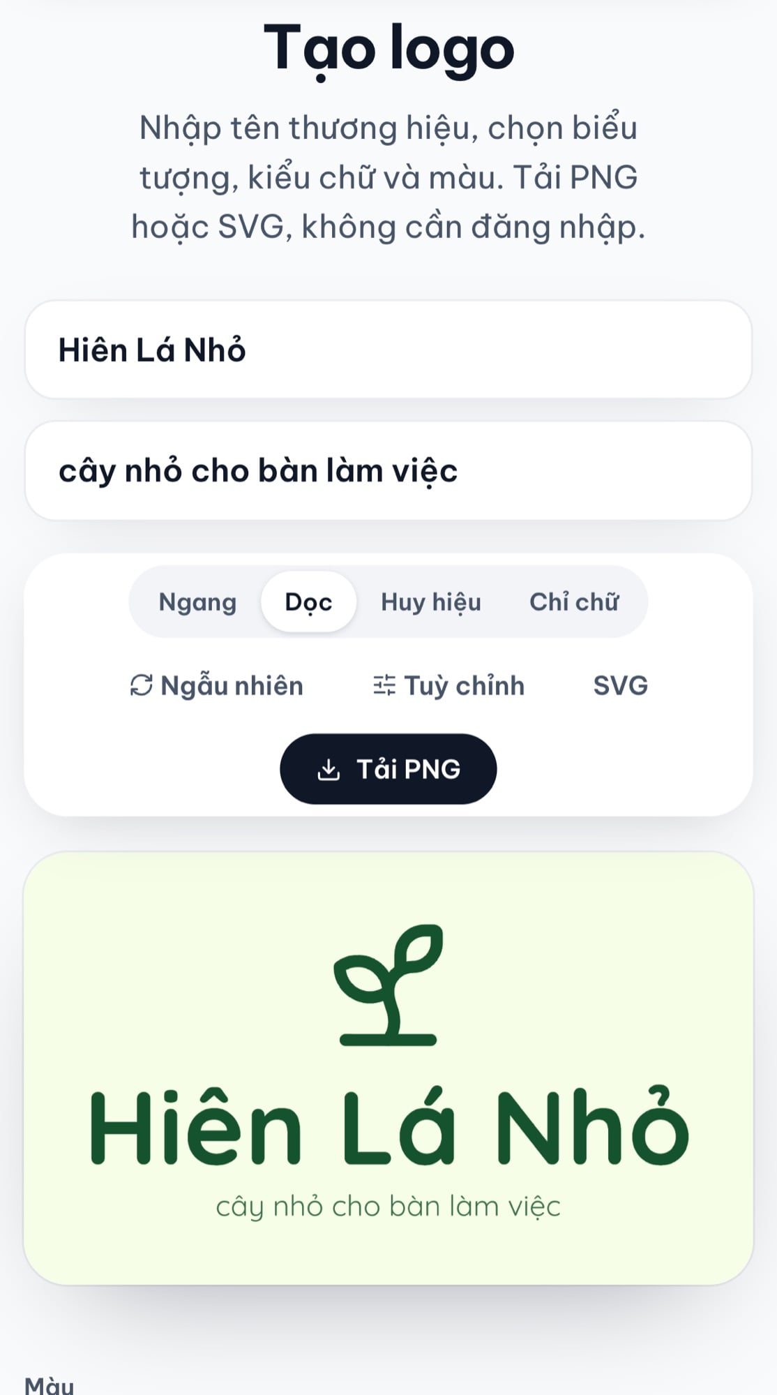 Công cụ Tạo logo ở bề rộng điện thoại, logo Hiên Lá Nhỏ bố cục dọc