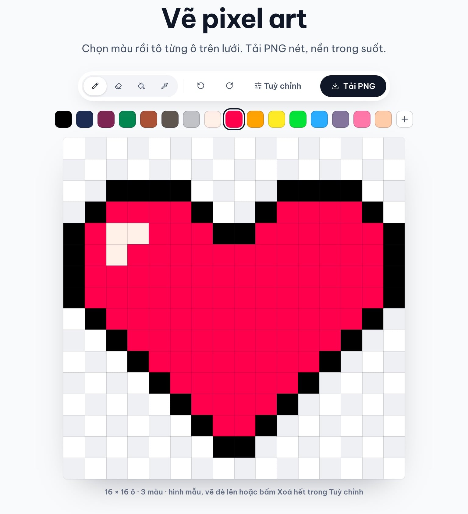 Công cụ Vẽ pixel art của ColorME khi vừa mở với hình trái tim mẫu trên lưới 16 × 16