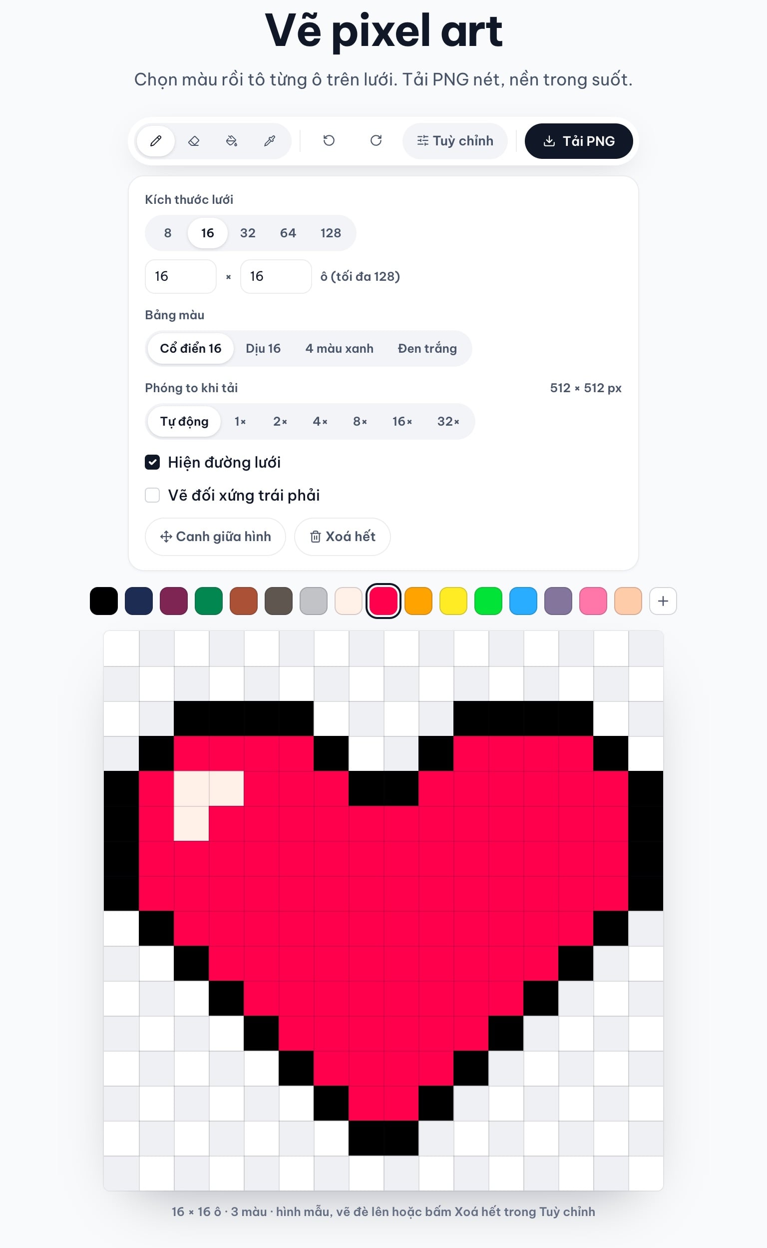 Bảng Tuỳ chỉnh của công cụ Vẽ pixel art: kích thước lưới, bảng màu, phóng to khi tải, đường lưới, vẽ đối xứng, canh giữa hình