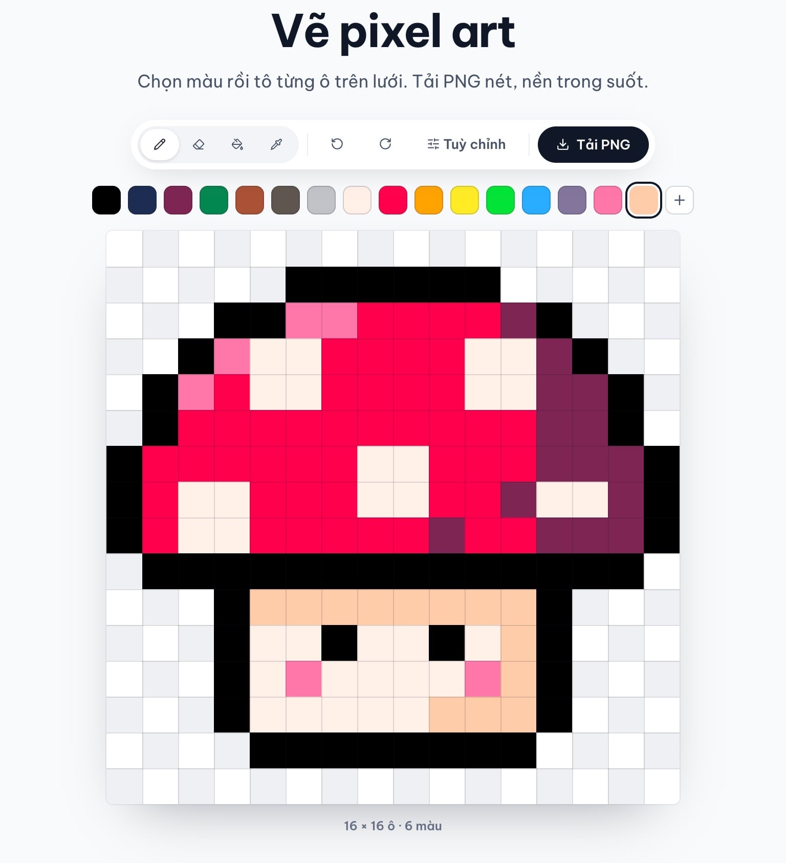 Cây nấm pixel art 16 × 16 hoàn chỉnh với phần sáng tối lệch về một phía