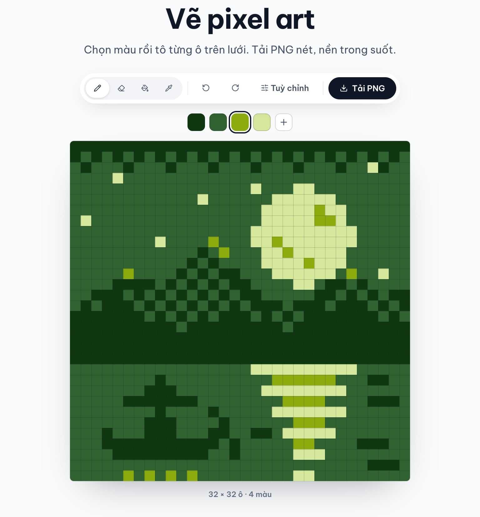 Tranh pixel art hồ đêm 32 × 32 vẽ bằng bảng 4 màu xanh trong công cụ của ColorME