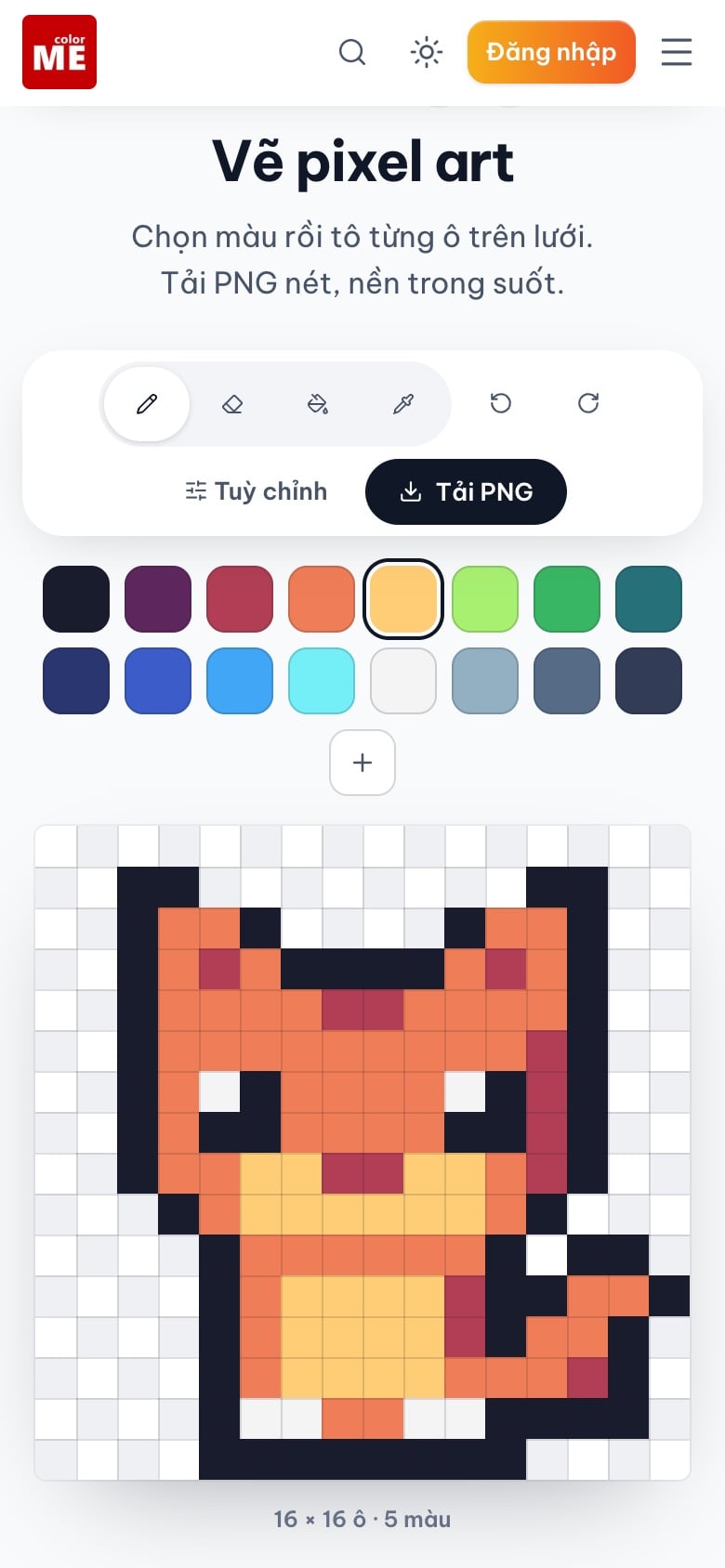 Công cụ Vẽ pixel art của ColorME ở bề rộng điện thoại 390 px với hình mèo cam