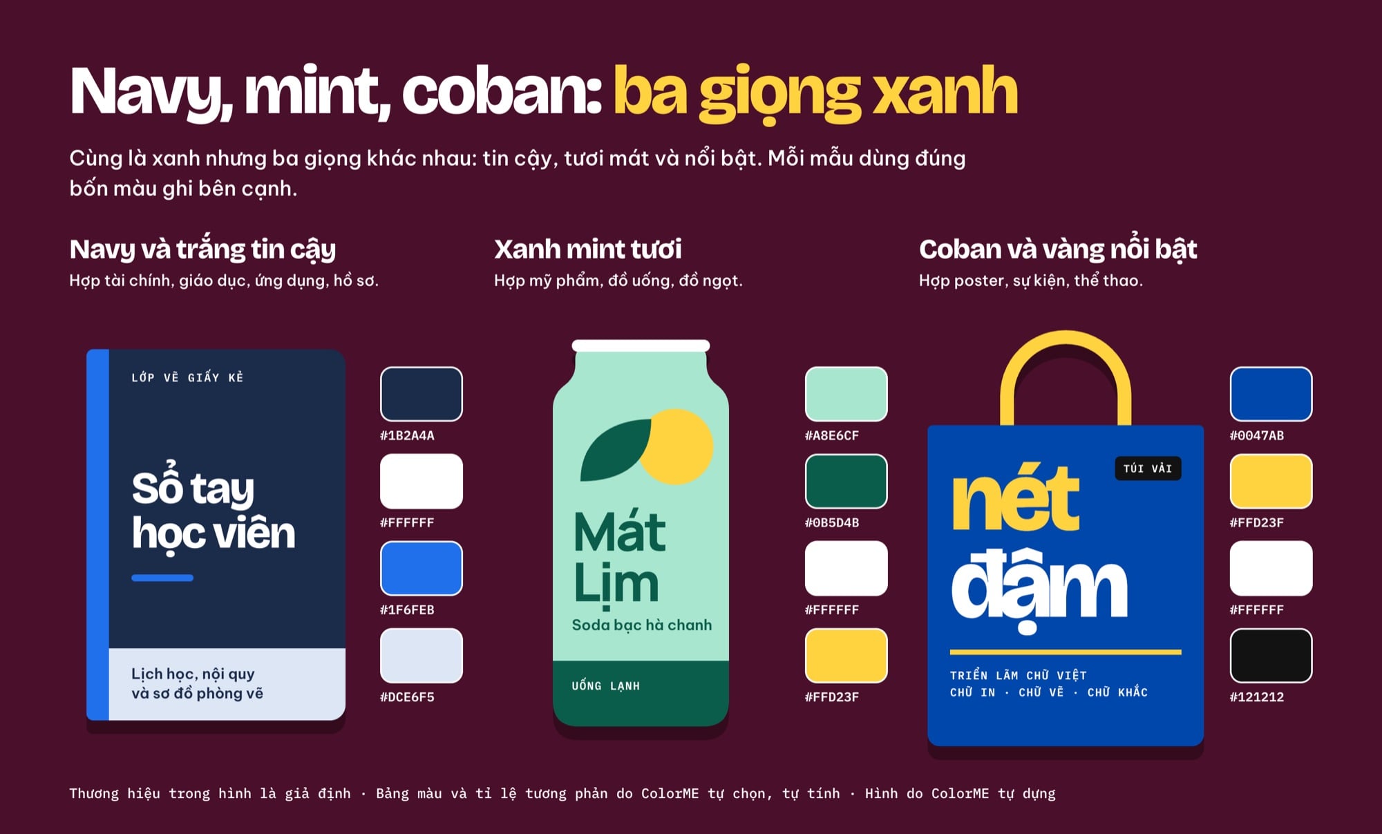 Ba bảng phối màu xanh trên thiết kế mẫu: navy #1B2A4A với trắng và xanh dương #1F6FEB trên bìa sổ tay, xanh mint #A8E6CF với xanh đậm #0B5D4B trên chai soda, xanh coban #0047AB với vàng #FFD23F trên túi vải
