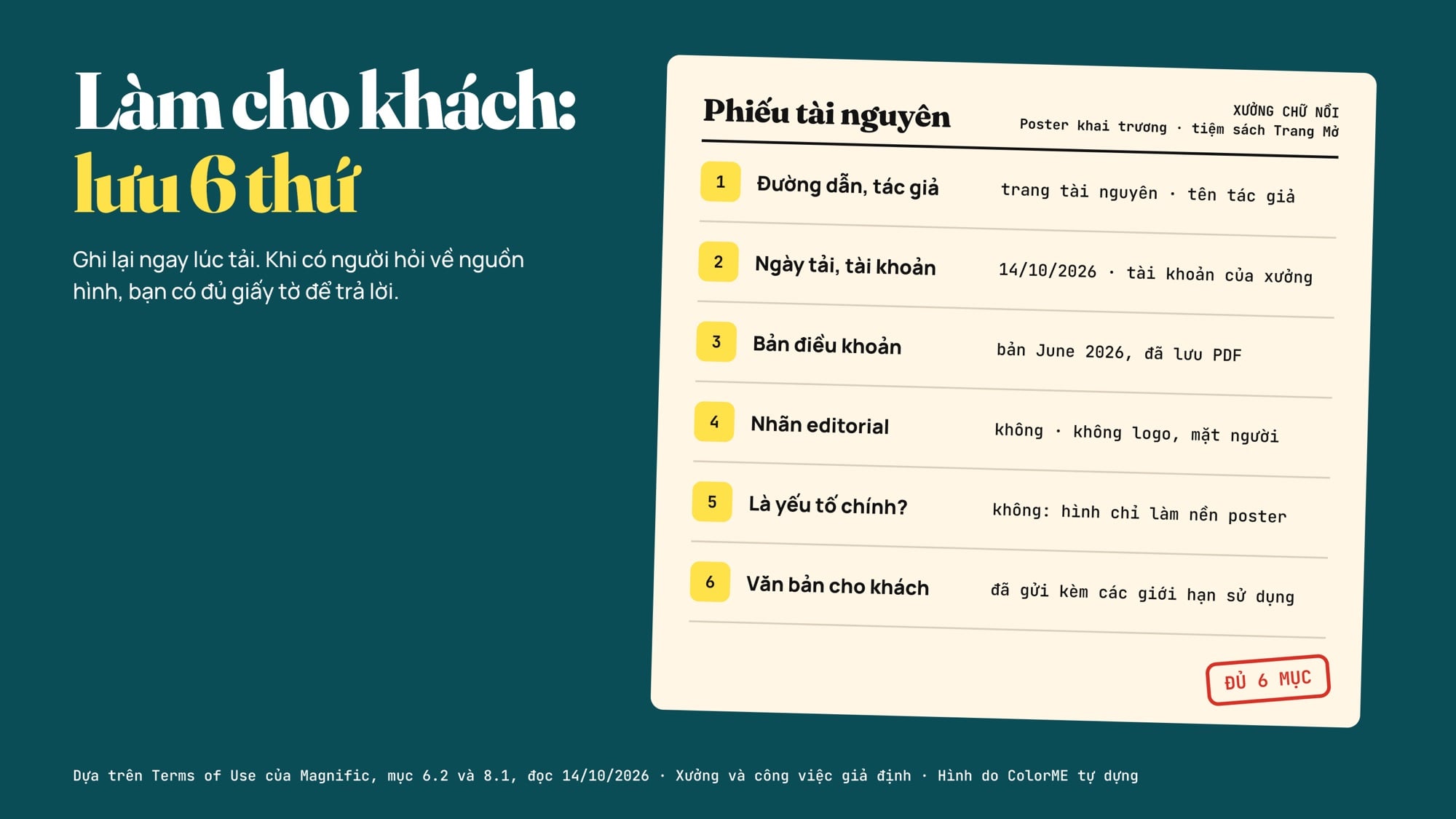 Danh sách kiểm tra khi dùng tài nguyên Freepik (Magnific) cho việc của khách: ghi đường dẫn và ngày tải, lưu bản điều khoản, kiểm tra nhãn editorial, xét yếu tố chính, ghi nguồn, bàn giao kèm văn bản