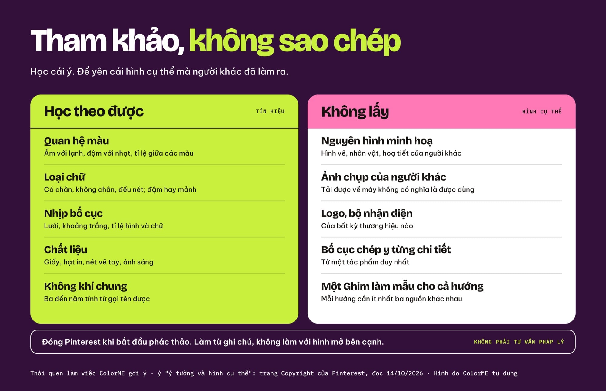 Bảng kiểm phân biệt tham khảo và sao chép khi dùng Pinterest: học theo quan hệ màu, loại chữ, nhịp bố cục, chất liệu; không lấy nguyên hình, ảnh, logo, bố cục chép y