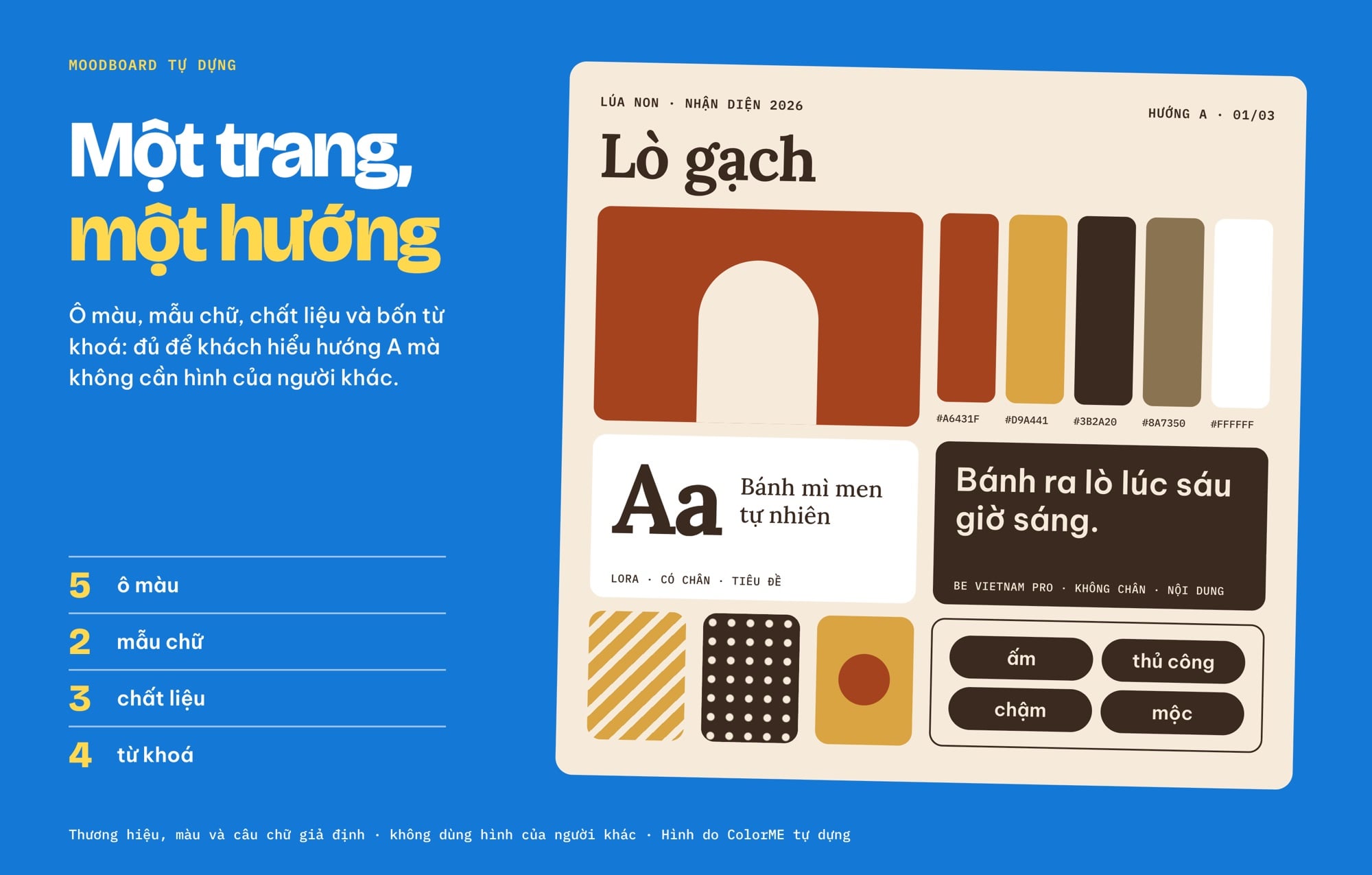 Mẫu moodboard trình bày cho một hướng thiết kế tiệm bánh giả định, dựng bằng ô màu phẳng, mẫu chữ có chân, hình khối và từ khoá, không dùng ảnh