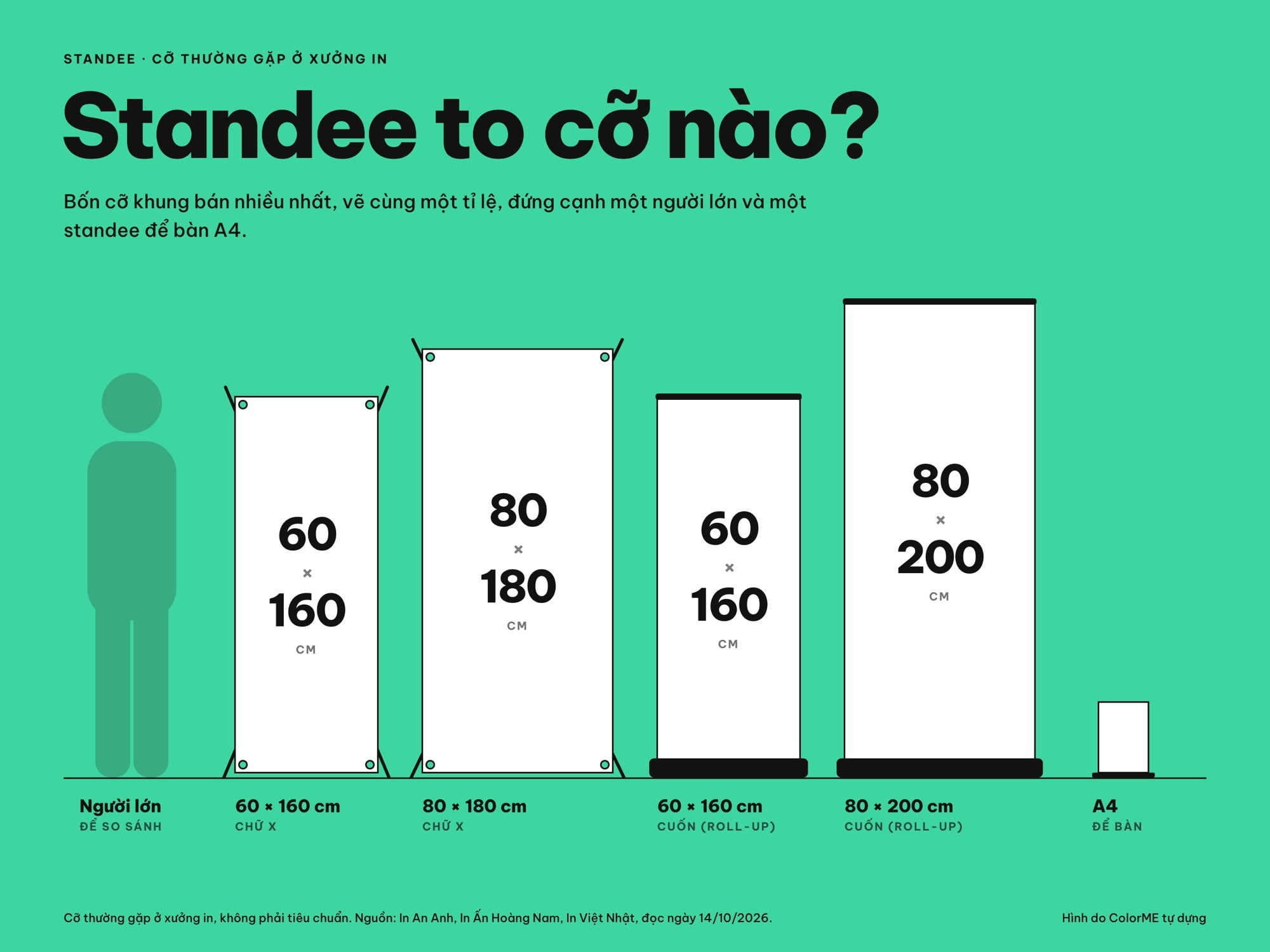 Bốn standee vẽ cùng tỉ lệ đứng cạnh một người lớn trên một đường sàn: chữ X 60 × 160 cm và 80 × 180 cm, standee cuốn 60 × 160 cm và 80 × 200 cm, cùng một standee để bàn A4