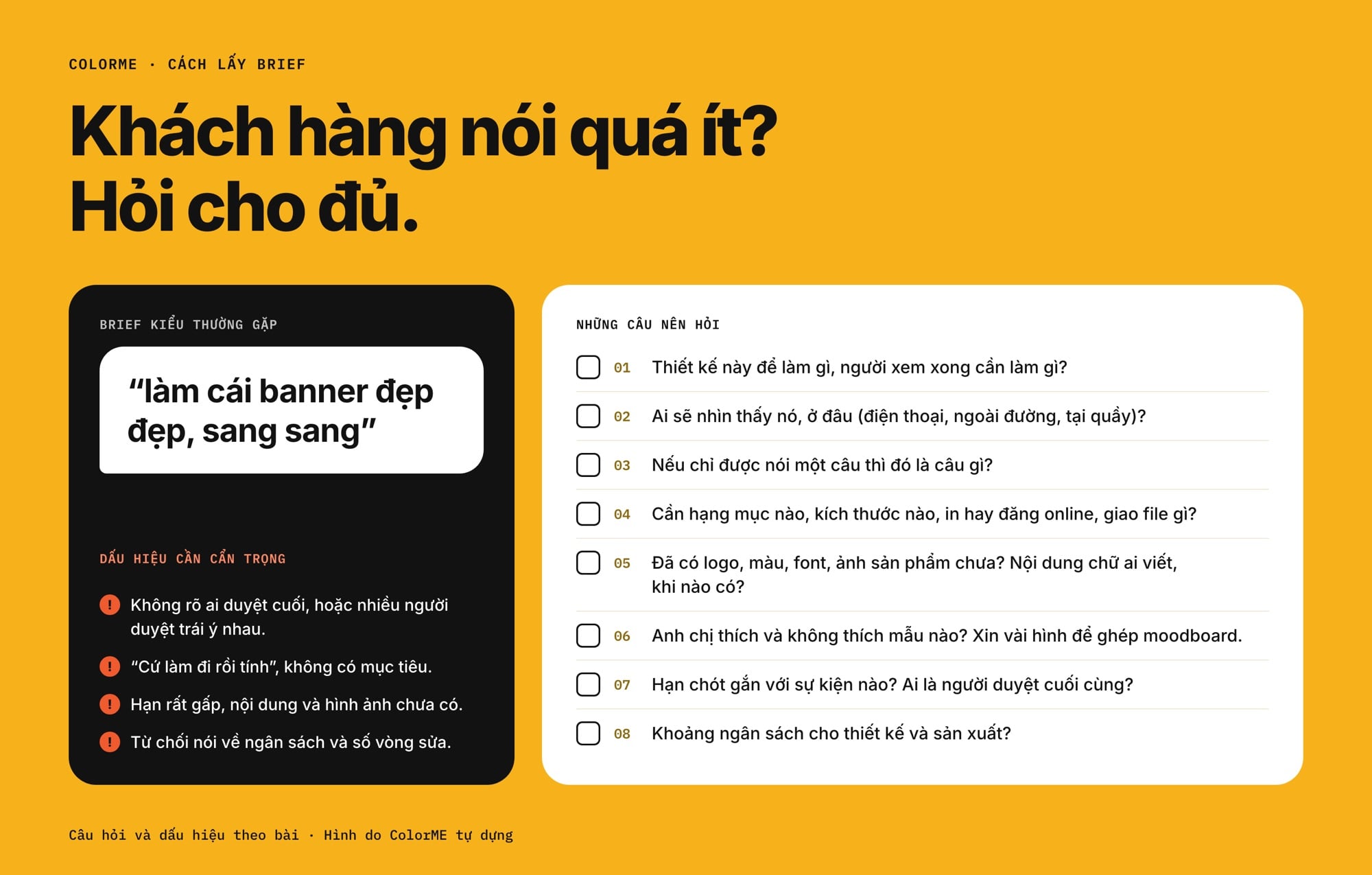 Bên trái là brief kiểu làm cái banner đẹp đẹp, sang sang cùng bốn dấu hiệu cần cẩn trọng, bên phải là danh sách 8 câu nên hỏi để lấy brief cho đủ