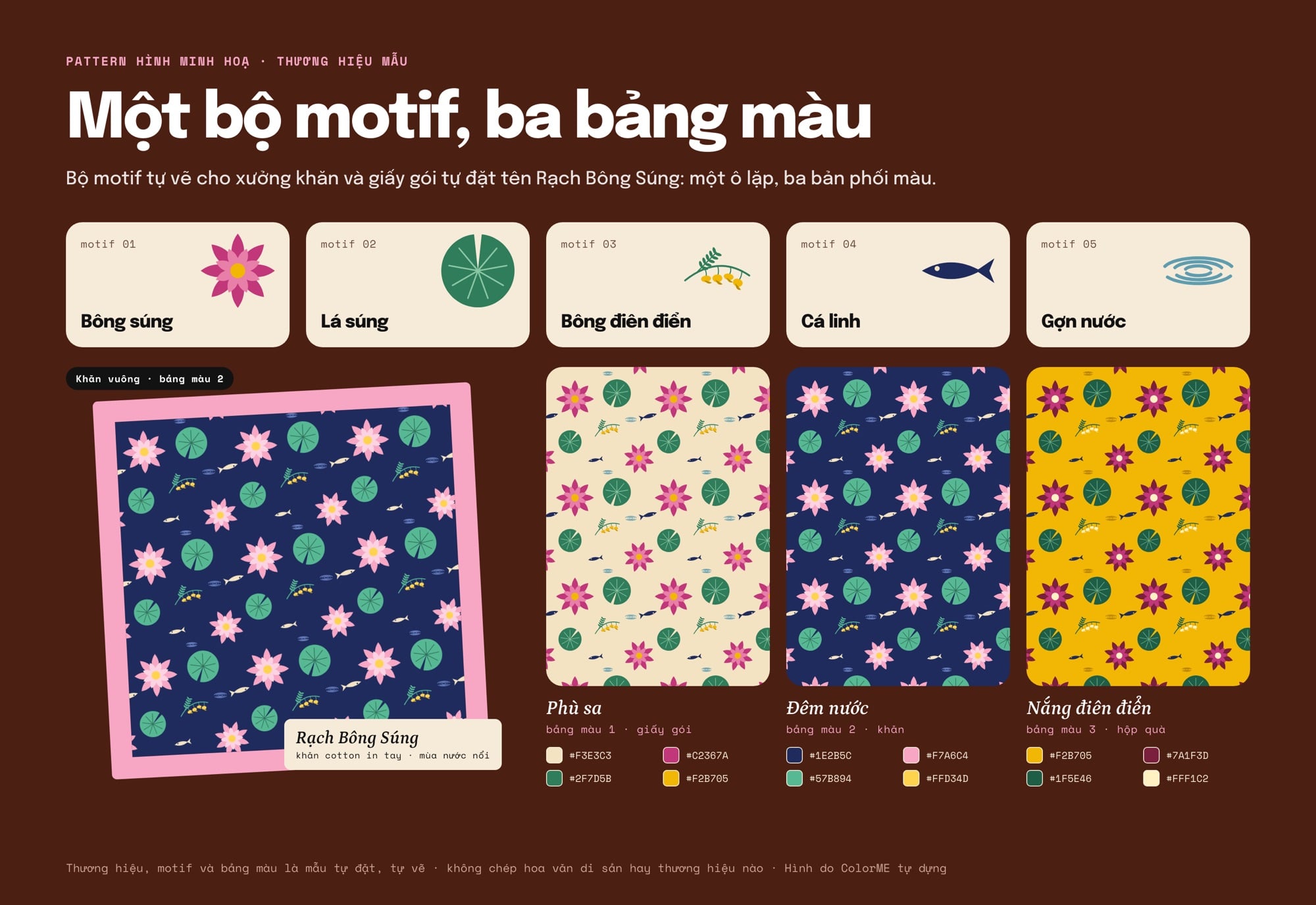 Bộ năm motif tự vẽ của thương hiệu mẫu Rạch Bông Súng, ô lặp in trên một chiếc khăn vuông và ba bản phối màu kèm mã hex