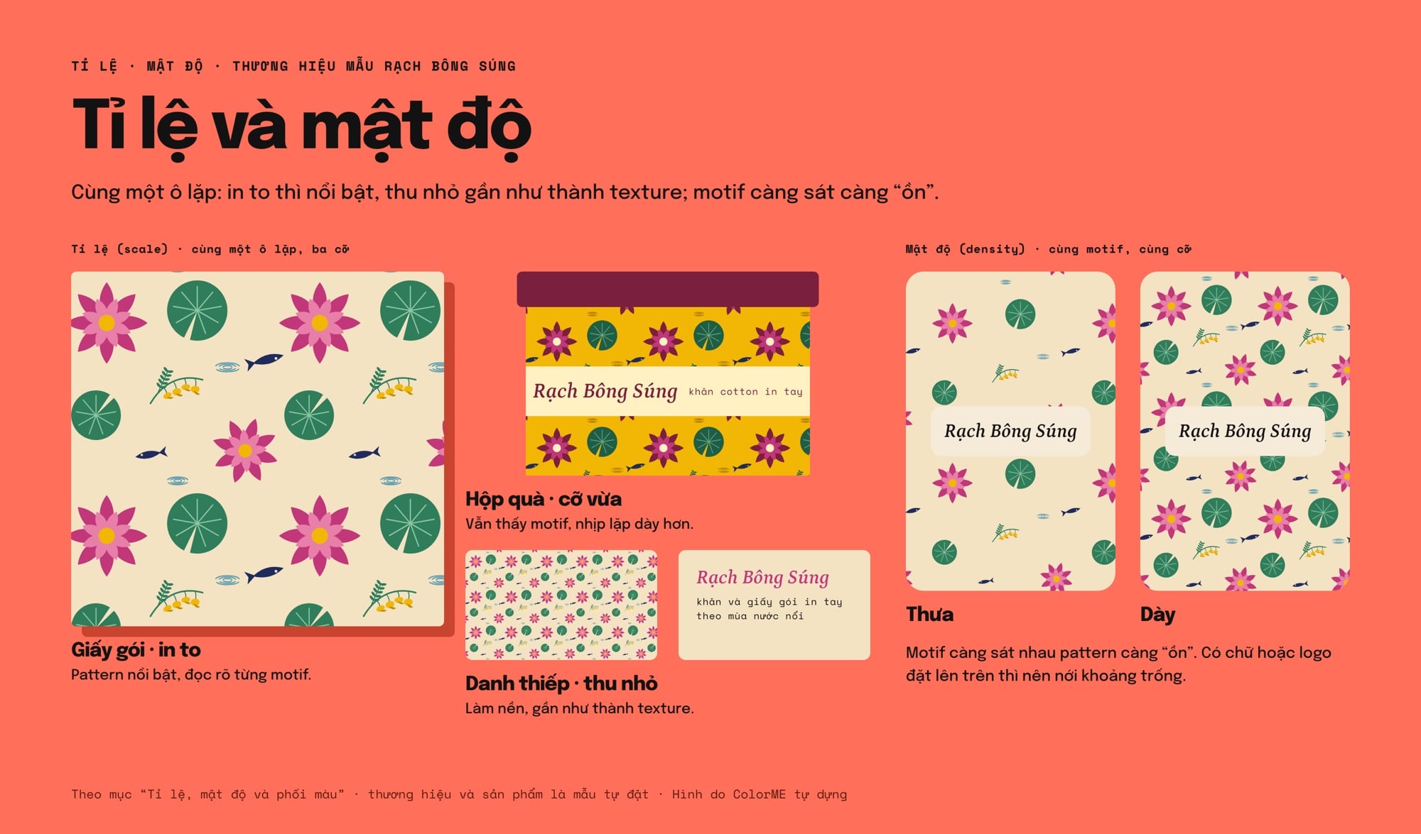 Cùng một pattern in to trên giấy gói, cỡ vừa trên hộp quà và thu nhỏ trên danh thiếp, bên cạnh hai mẫu thưa và dày có tên thương hiệu đặt lên trên