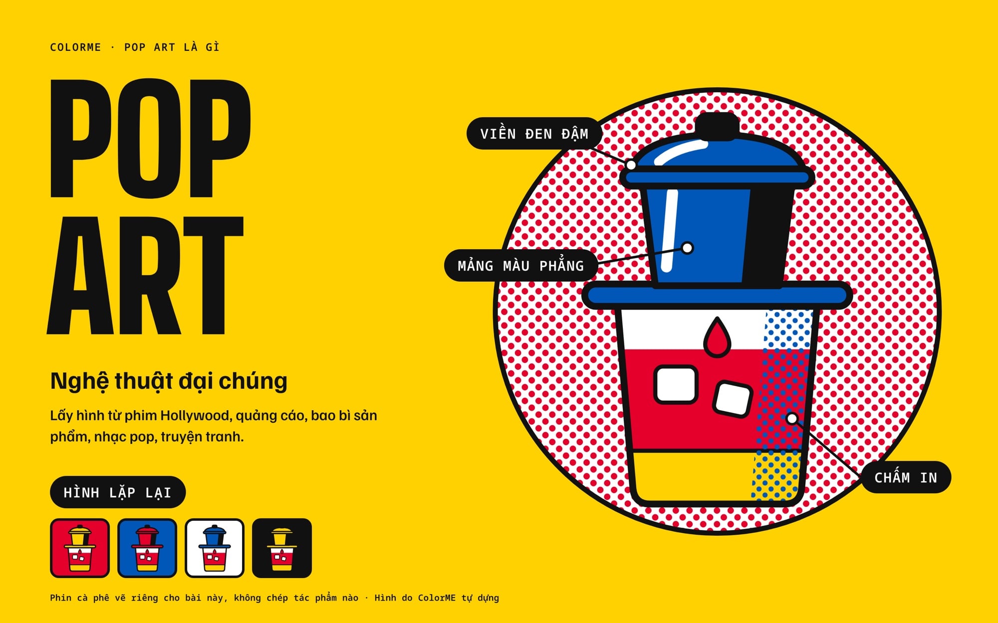 Hình minh hoạ phin cà phê kiểu Pop Art trên nền vàng, chú thích bốn dấu hiệu: mảng màu phẳng, viền đen đậm, chấm in và hình lặp lại