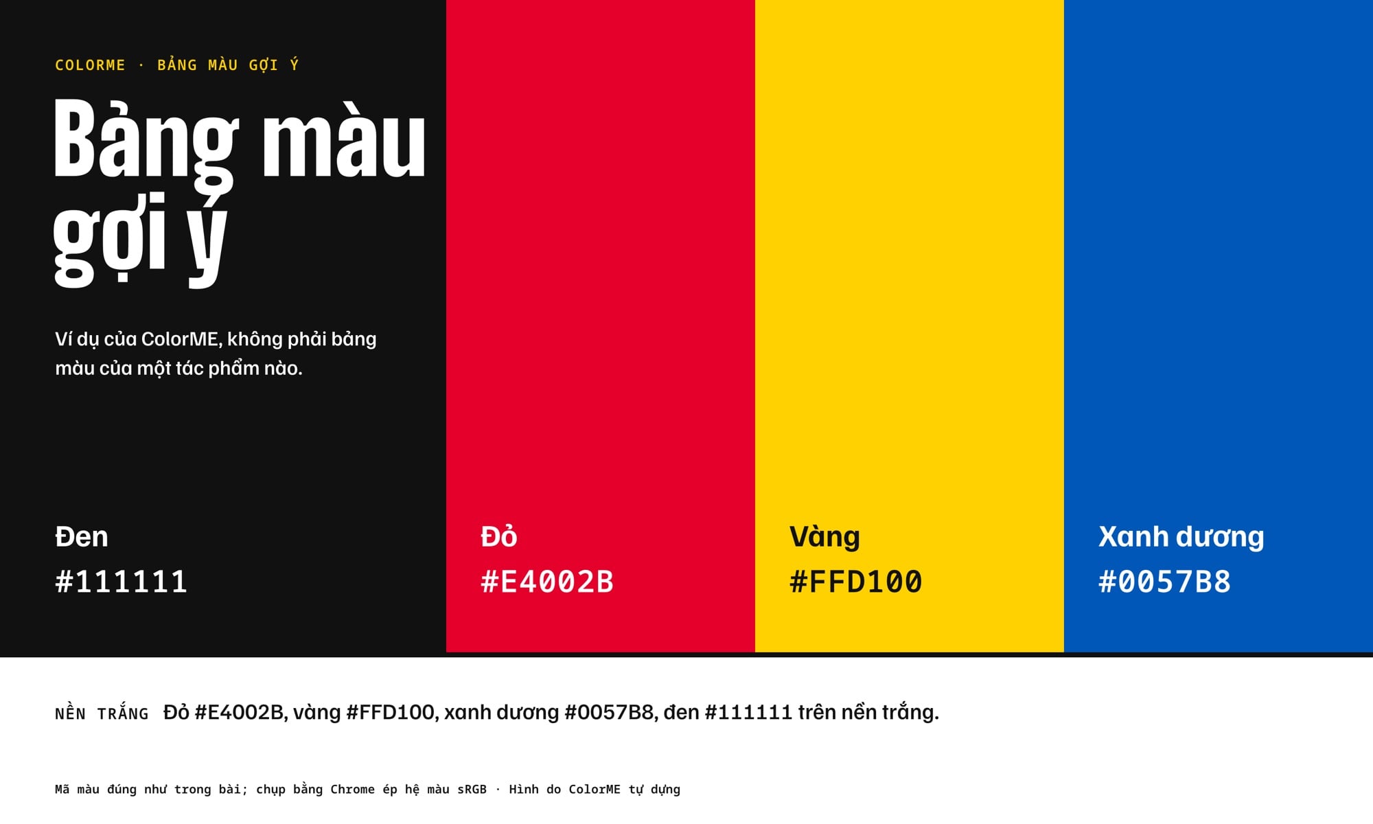 Bảng màu Pop Art gợi ý của ColorME: đen #111111, đỏ #E4002B, vàng #FFD100, xanh dương #0057B8 trên nền trắng