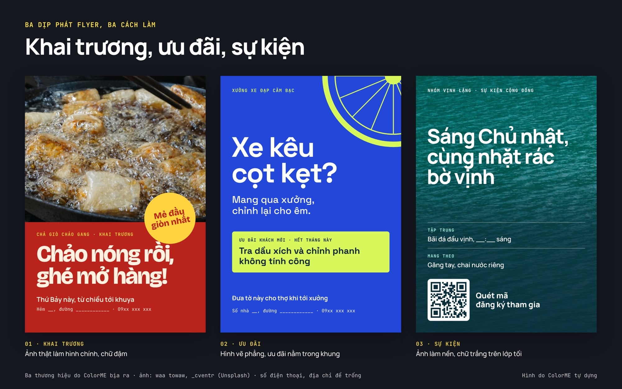 Ba flyer A5 mẫu cho ba thương hiệu giả định: quán chả giò khai trương với ảnh chảo chiên, xưởng xe đạp có ưu đãi khách mới, nhóm nhặt rác bờ vịnh với ảnh mặt nước làm nền