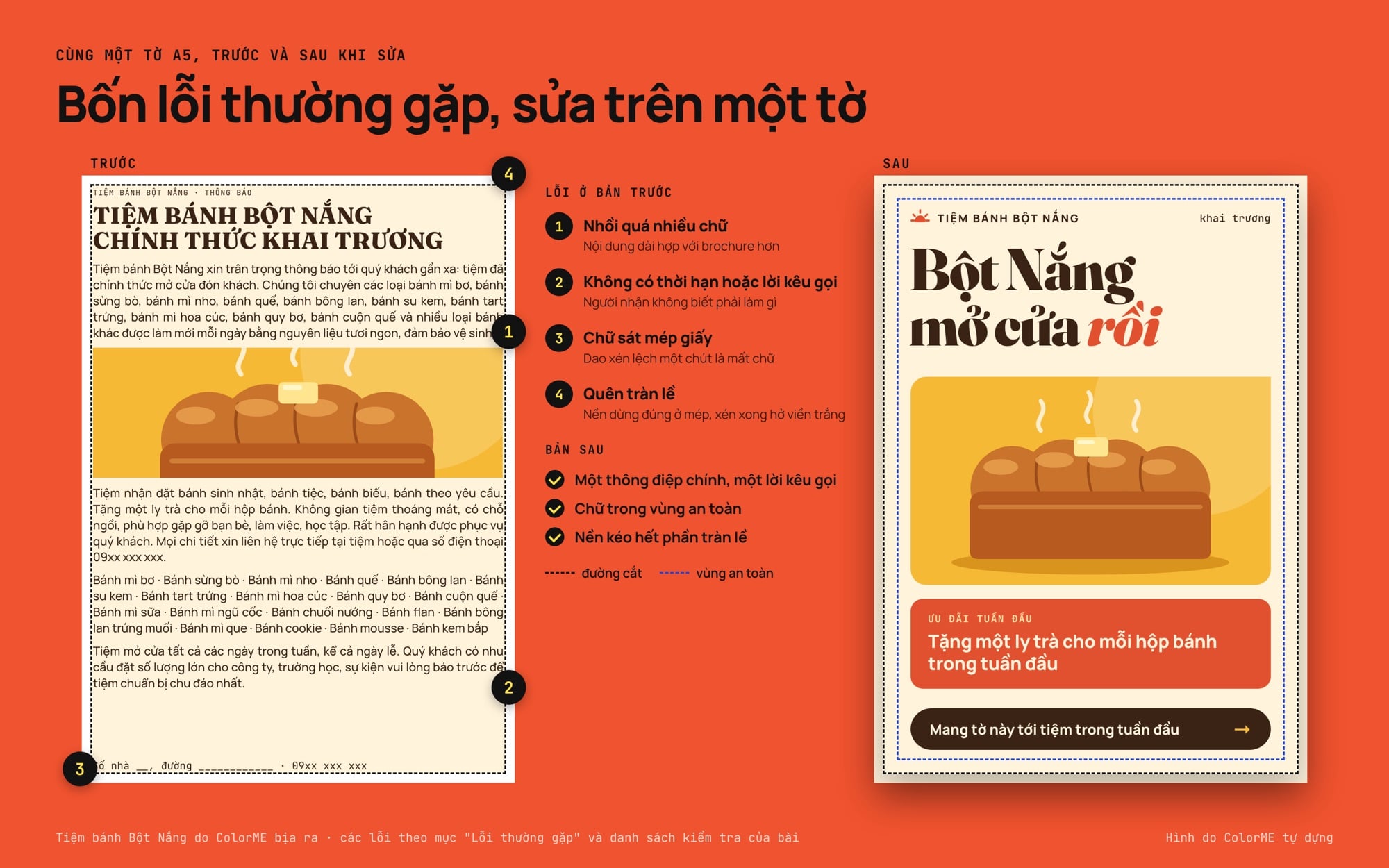 Cùng một flyer A5 trước và sau khi sửa: bản trước nhồi chữ, thiếu lời kêu gọi, chữ sát mép, quên tràn lề; bản sau có tràn lề và vùng an toàn