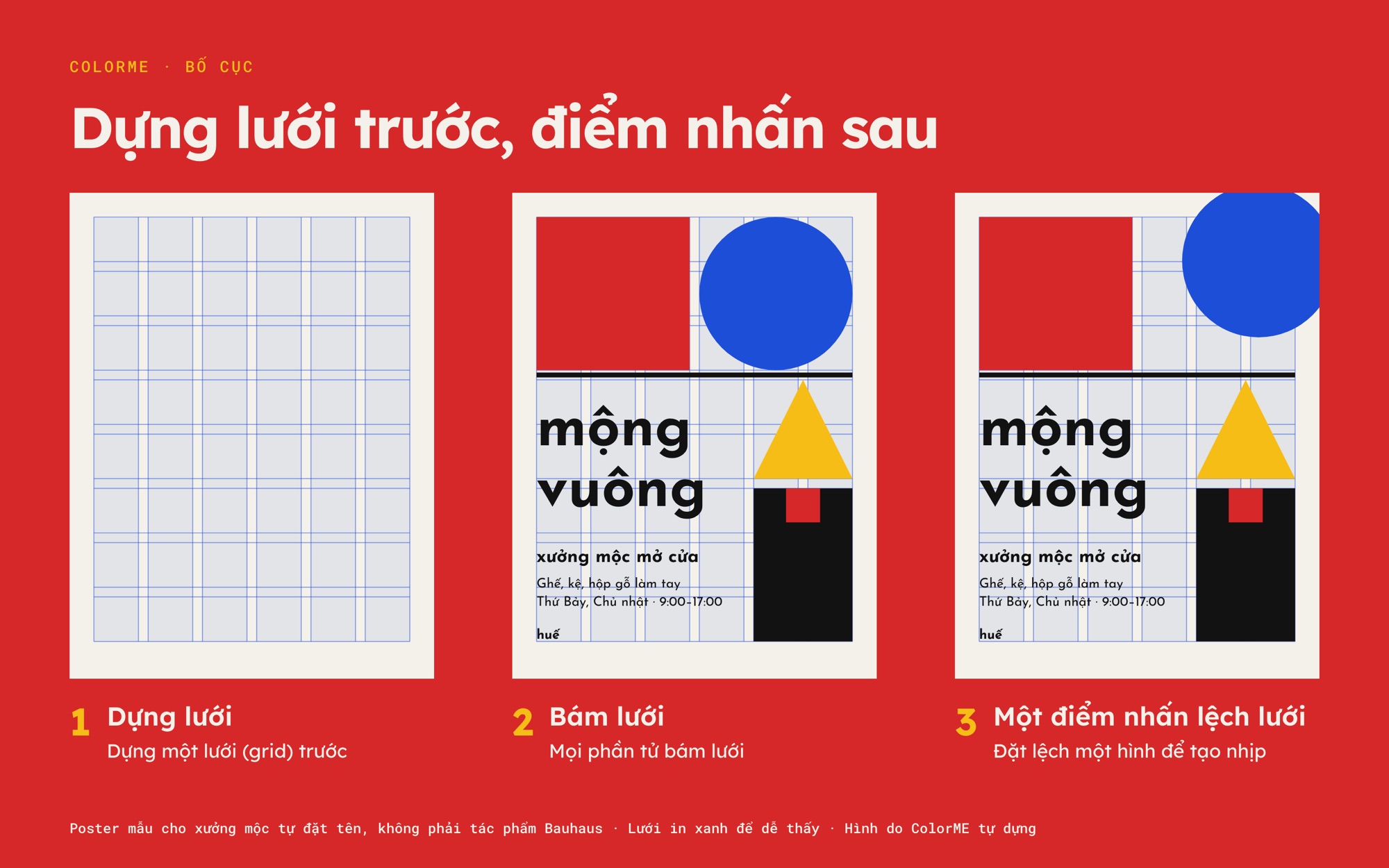Ba tờ poster cùng một lưới sáu cột: chỉ có lưới, mọi phần tử bám lưới, rồi hình tròn xanh đặt lệch khỏi lưới