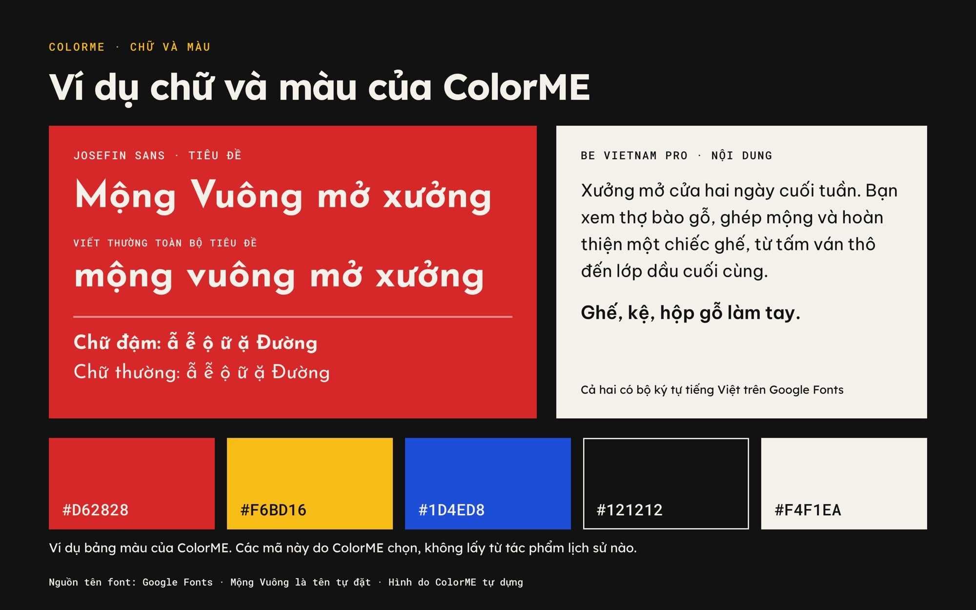 Mẫu chữ Josefin Sans cho tiêu đề, viết thường và có dấu tiếng Việt, mẫu Be Vietnam Pro cho nội dung, cùng năm ô màu ví dụ có mã hex
