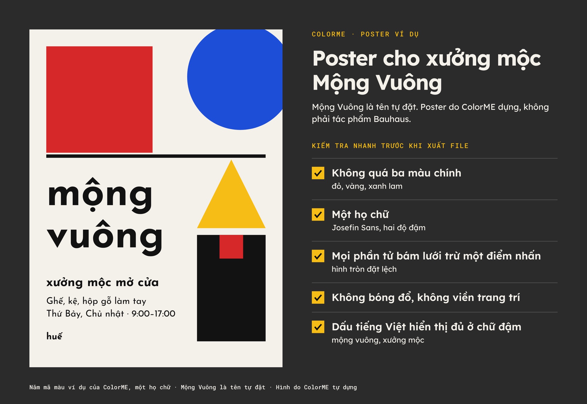 Poster ví dụ cho xưởng mộc tự đặt tên Mộng Vuông: hình vuông đỏ, hình tròn xanh, tam giác vàng, chữ viết thường, bên cạnh năm mục kiểm tra nhanh