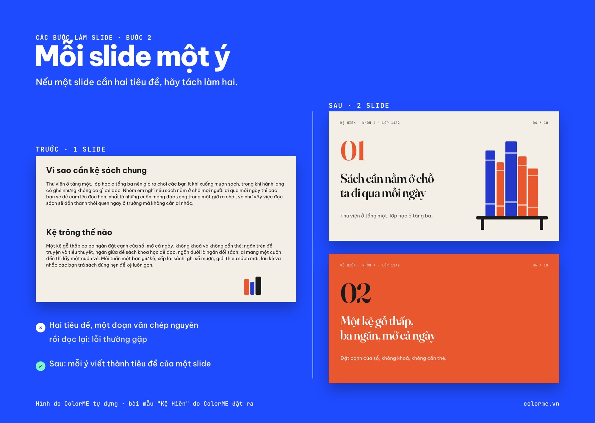 So sánh trước và sau: một slide nhồi hai tiêu đề và hai đoạn văn, được tách thành hai slide gọn, mỗi slide một ý viết thành tiêu đề