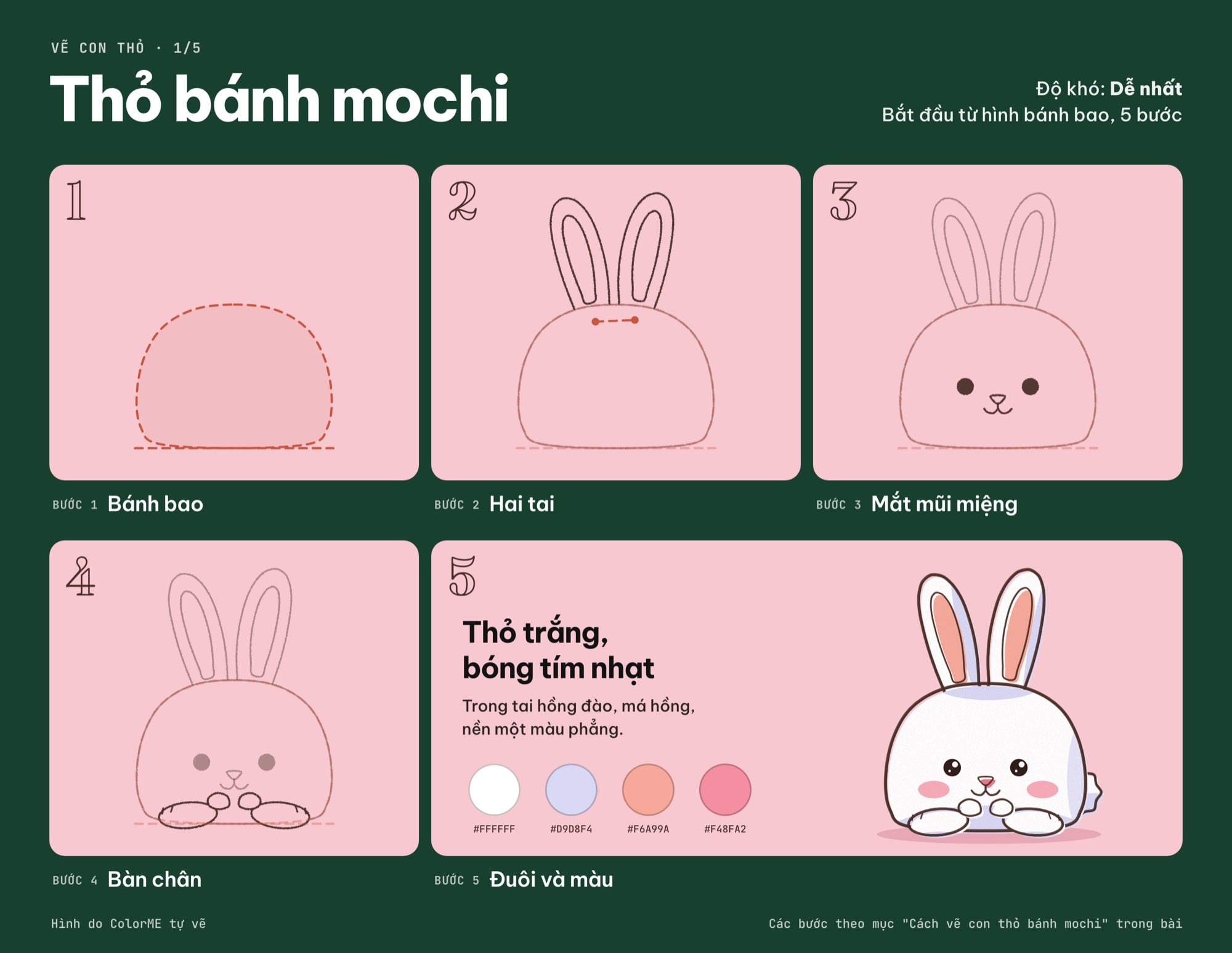 Các bước vẽ thỏ bánh mochi từ hình bánh bao đến bản tô màu