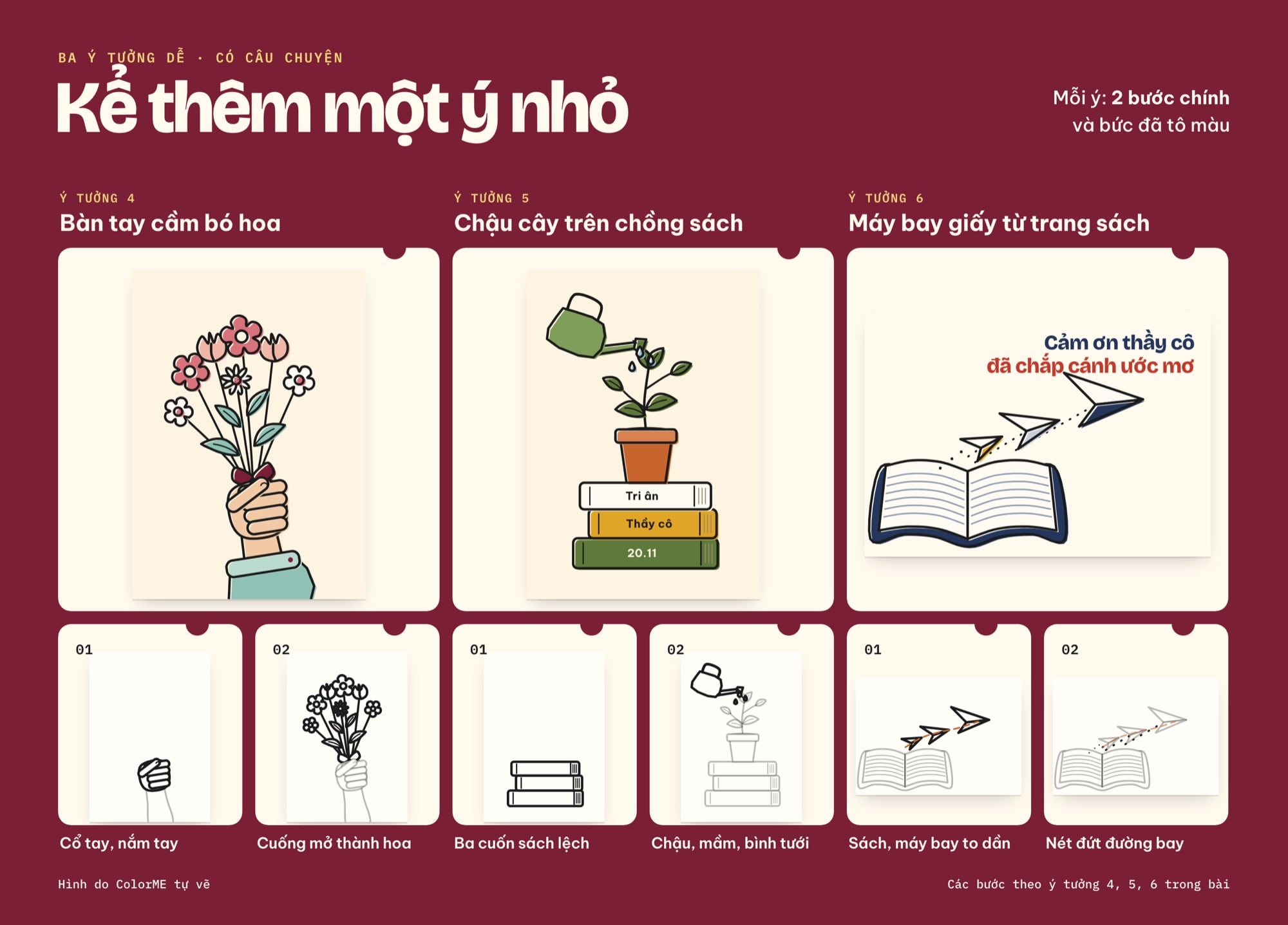 Tranh 20/11 bàn tay cầm hoa, chậu cây ươm mầm và máy bay giấy