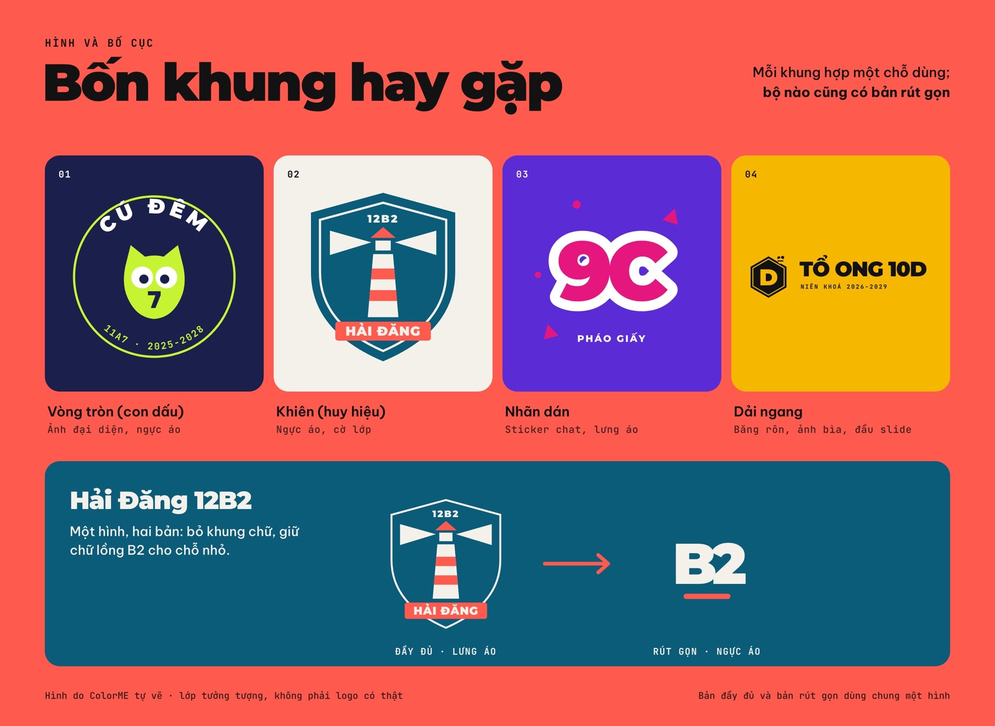 Bốn khung logo lớp: vòng tròn, khiên, nhãn dán, dải ngang