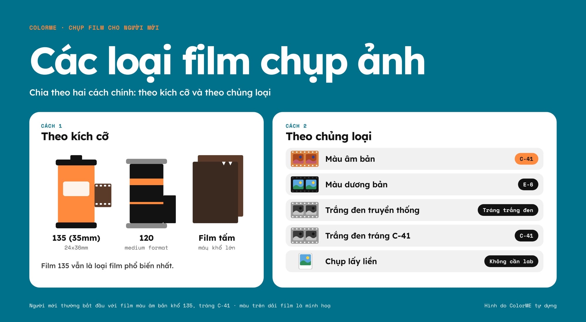 Các loại film chụp ảnh chia theo kích cỡ (film 135, 120, film tấm) và theo chủng loại (màu âm bản C-41, dương bản E-6, trắng đen, trắng đen C-41, chụp lấy liền)
