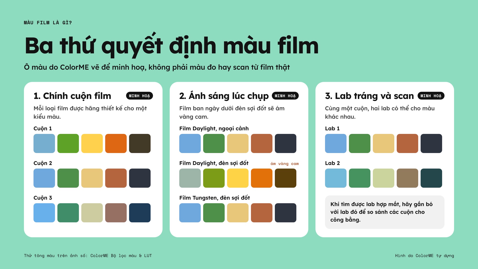 Minh hoạ ba thứ quyết định màu film bằng các dải ô màu: chính cuộn film, ánh sáng lúc chụp với film Daylight ám vàng cam dưới đèn sợi đốt, và lab tráng, scan