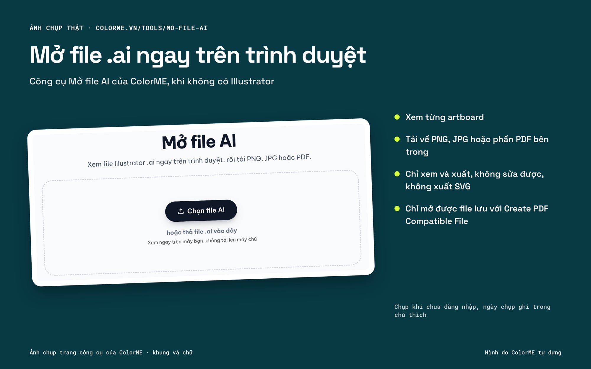 Trang công cụ Mở file AI của ColorME trên trình duyệt, chụp khi chưa đăng nhập