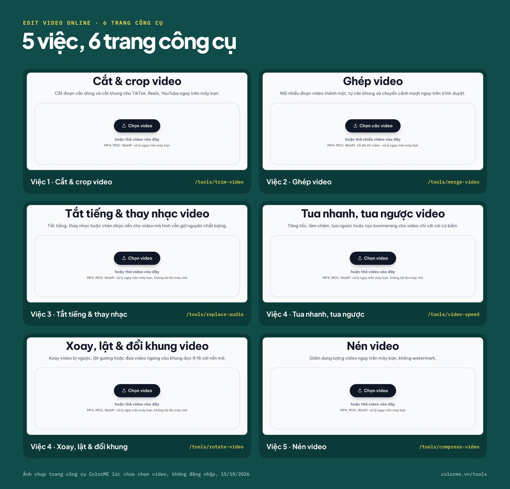 Giao diện 6 công cụ edit video online của ColorME trên trình duyệt