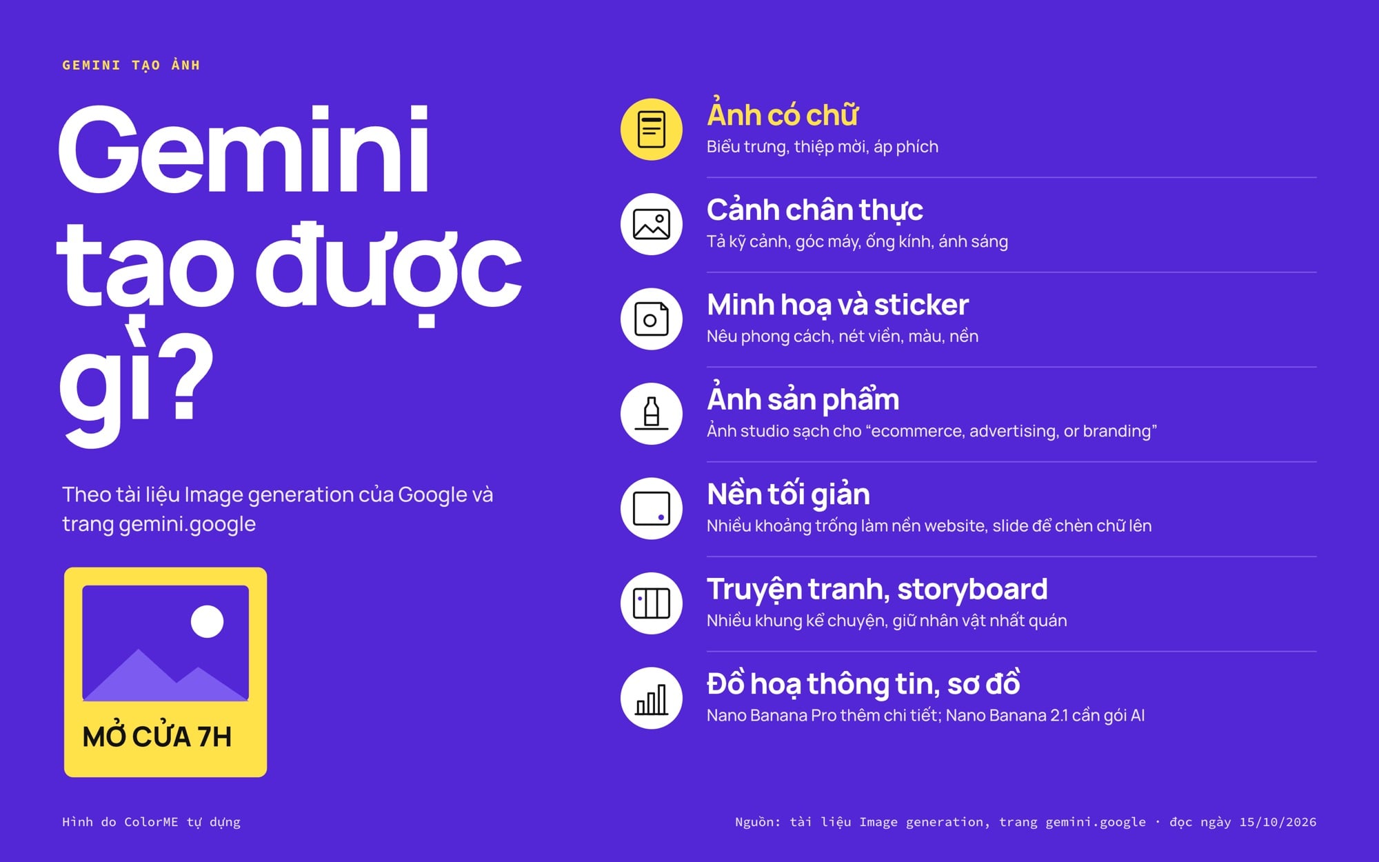 Các loại ảnh Gemini tạo được: cảnh chân thực, minh hoạ, ảnh có chữ, ảnh sản phẩm, nền tối giản, truyện tranh, đồ hoạ thông tin