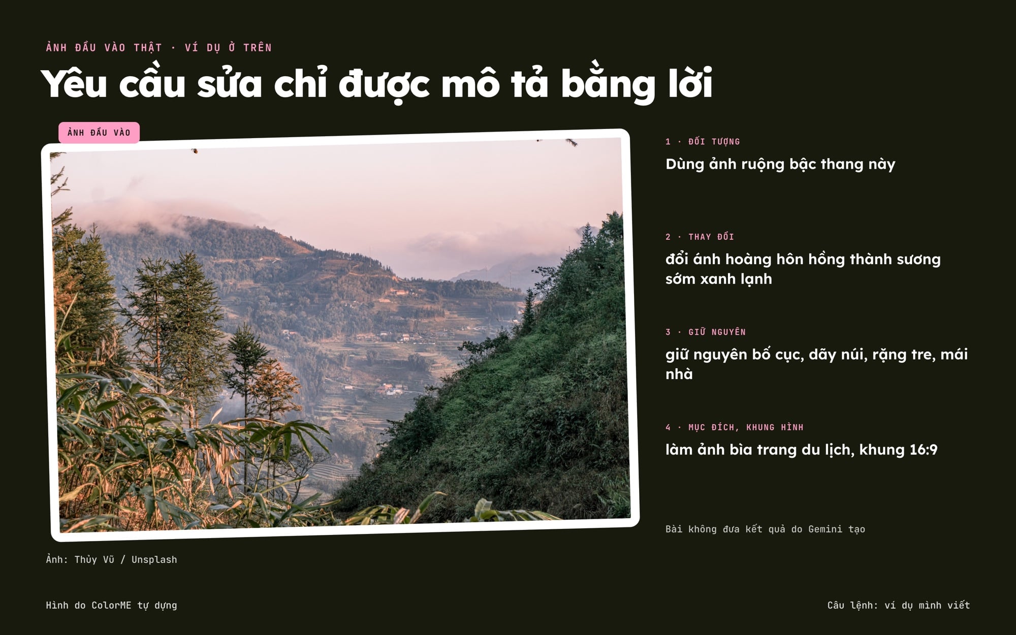 Ảnh ruộng bậc thang lúc hoàng hôn dùng làm ảnh đầu vào cho ví dụ câu lệnh sửa ảnh