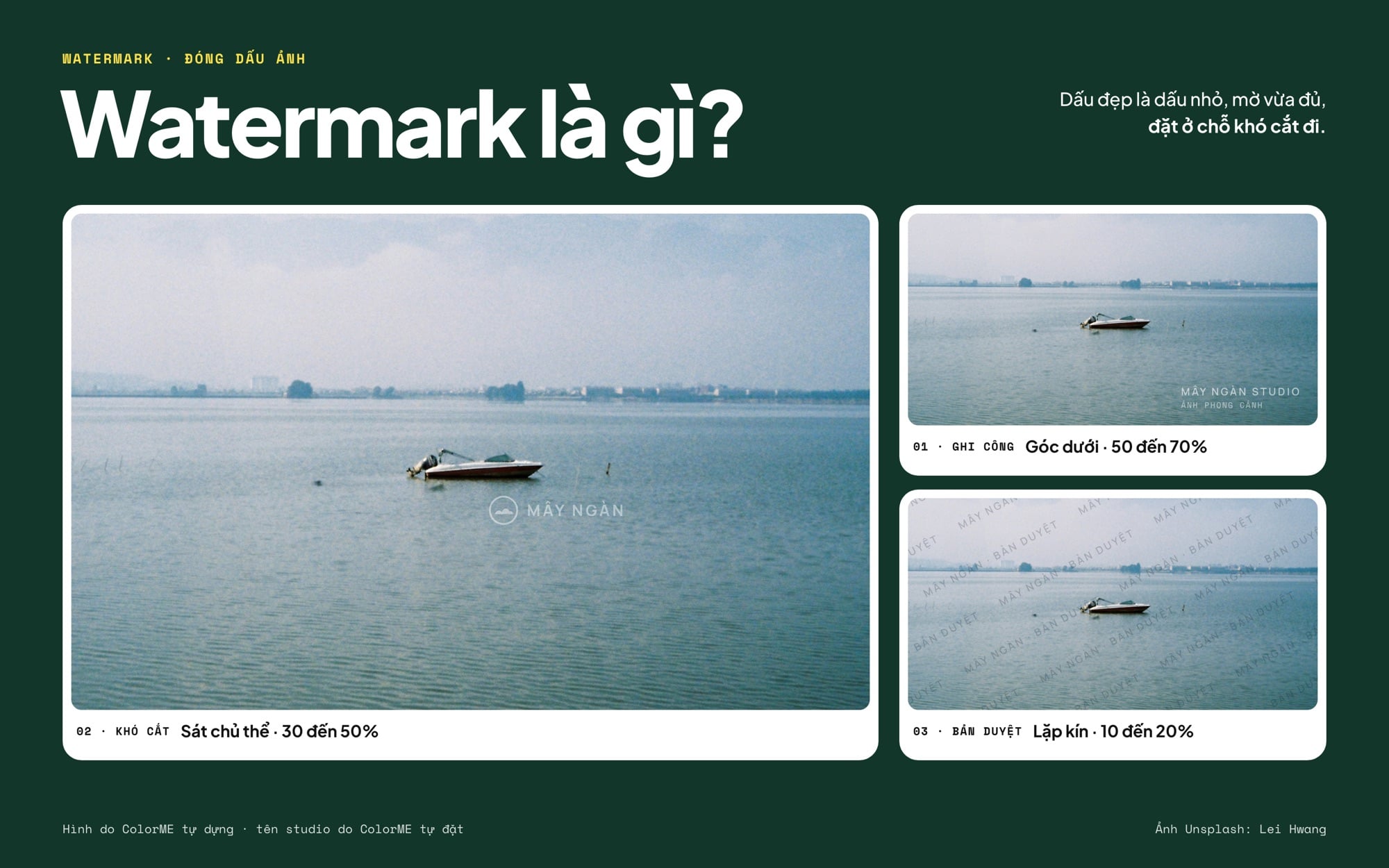 Cùng một ảnh hồ với ba kiểu watermark: góc dưới, sát chủ thể, lặp kín