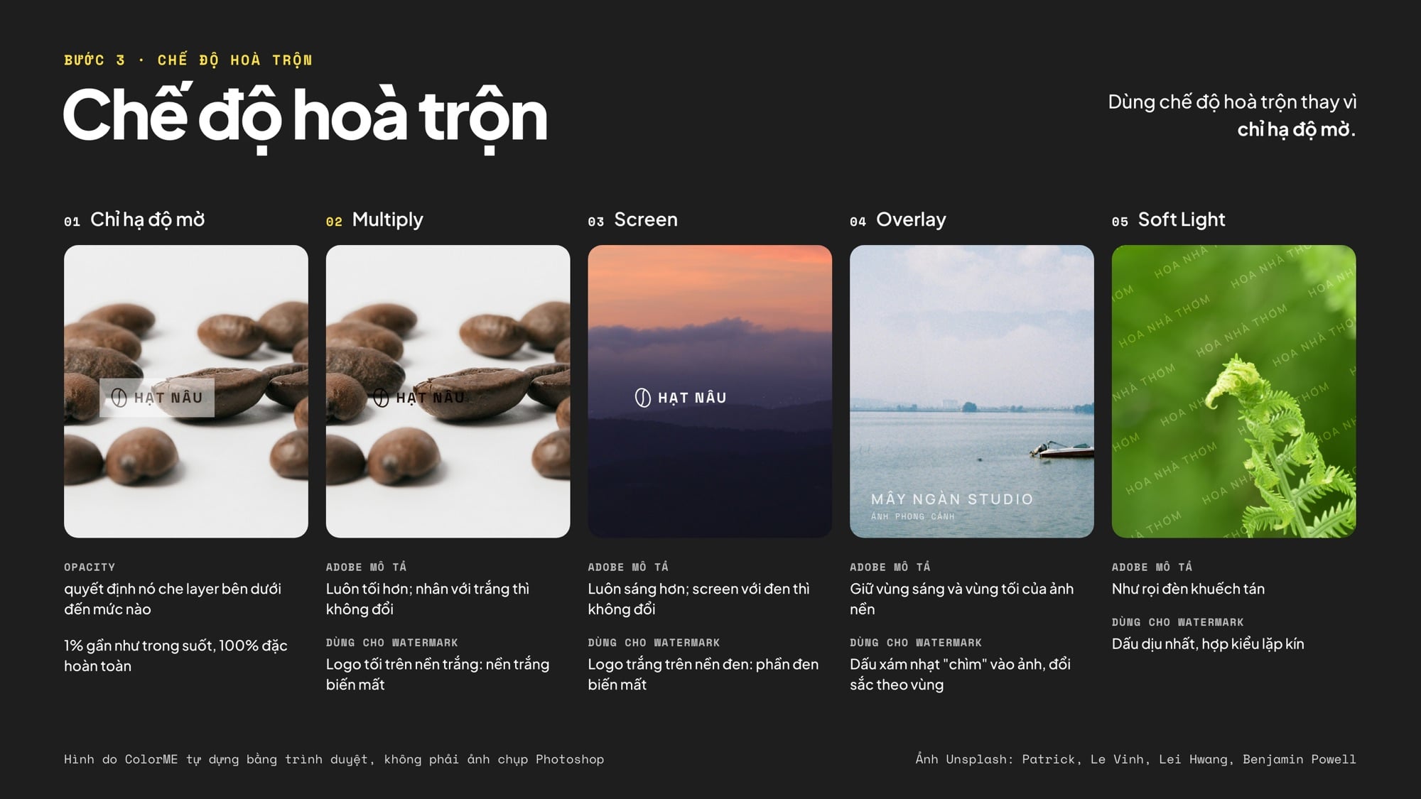 Watermark với các chế độ hoà trộn Multiply, Screen, Overlay, Soft Light