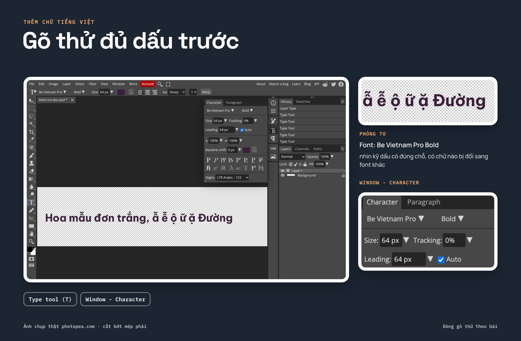 Gõ chữ tiếng Việt có dấu trong Photopea để kiểm tra font