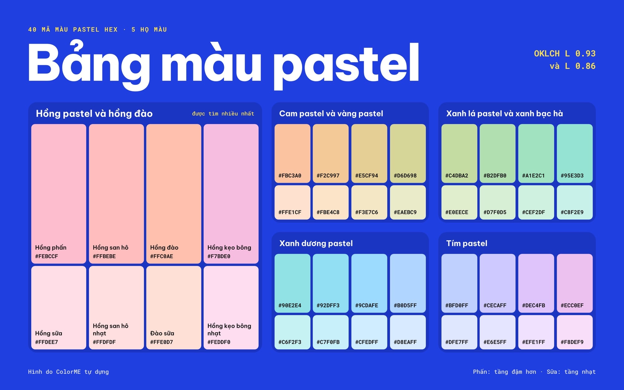 40 mã màu pastel HEX chia theo 5 họ màu