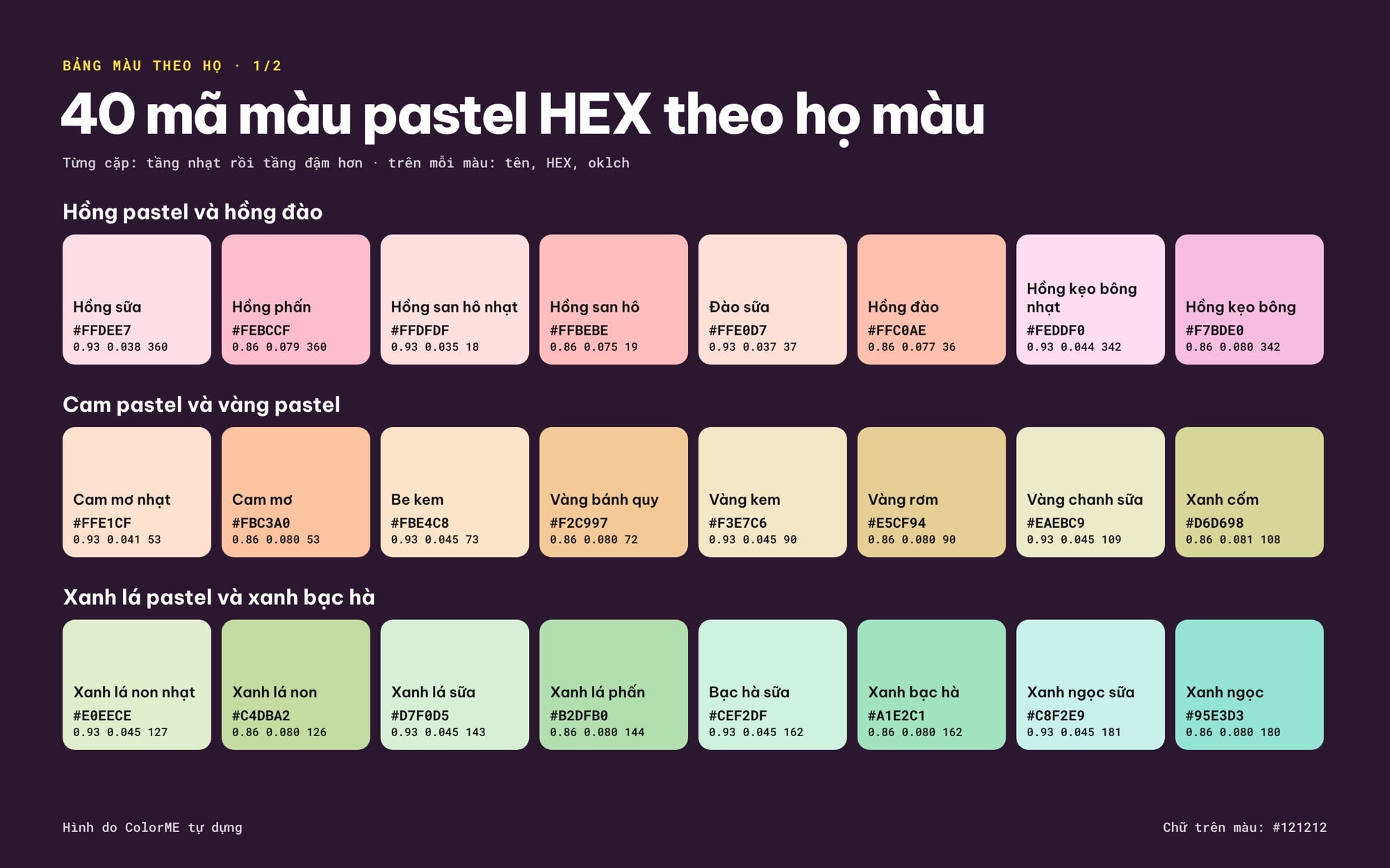 Bảng màu hồng pastel, vàng pastel và xanh lá pastel với mã HEX