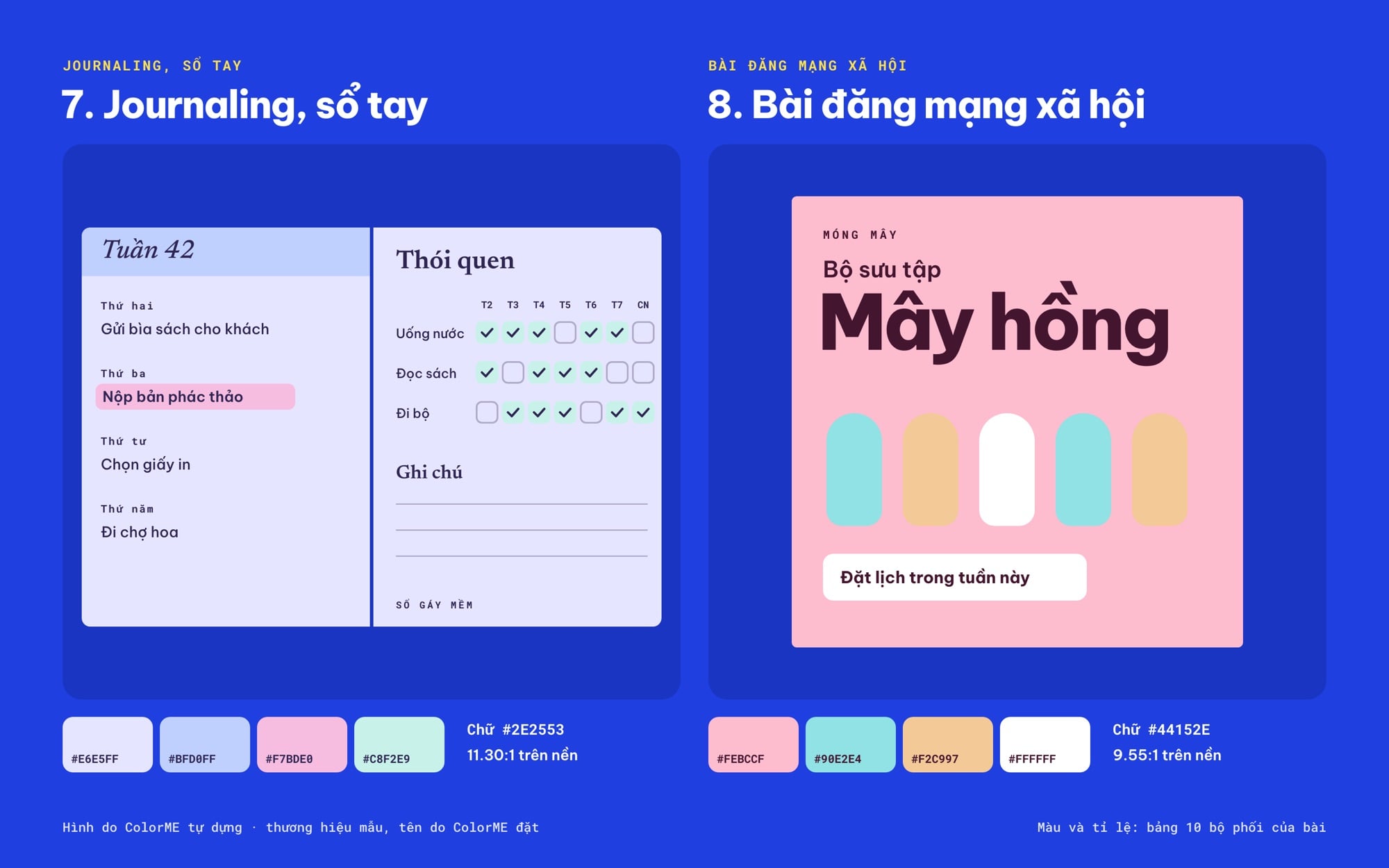 Bộ màu pastel journaling và bài đăng mạng xã hội áp dụng cho thiết kế mẫu
