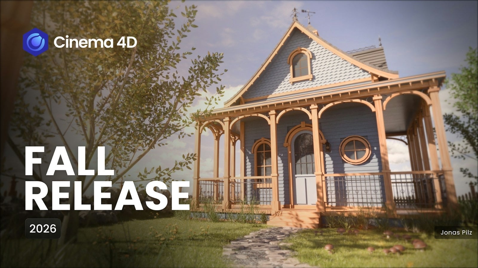 Ảnh giới thiệu Cinema 4D Fall Release 2026: căn nhà gỗ kiểu Victoria sơn xanh với hiên trước, lối đi bằng đá và bãi cỏ