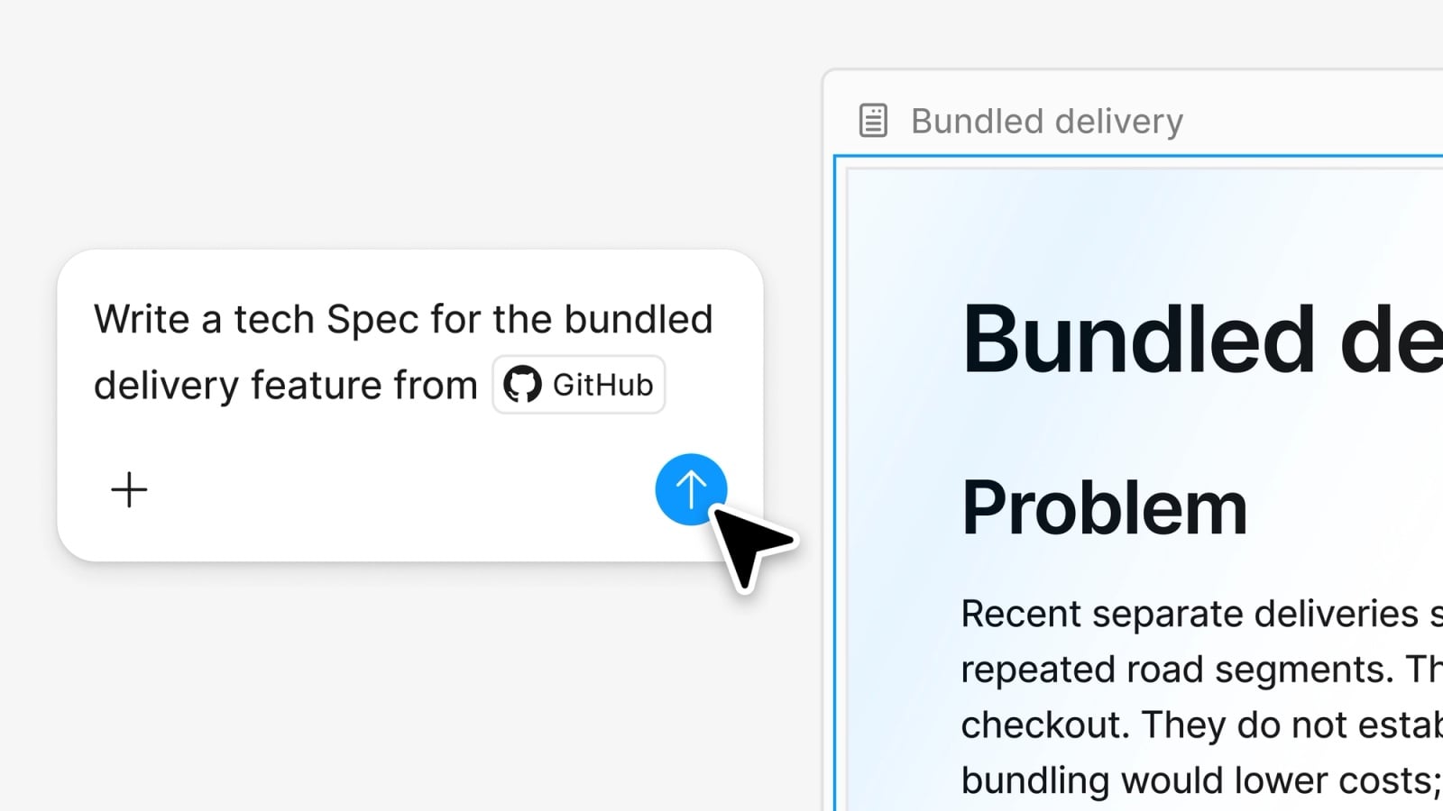 Khung nhập lệnh 'Write a tech Spec for the bundled delivery feature from GitHub' bên cạnh tài liệu Bundled delivery có tiêu đề Problem