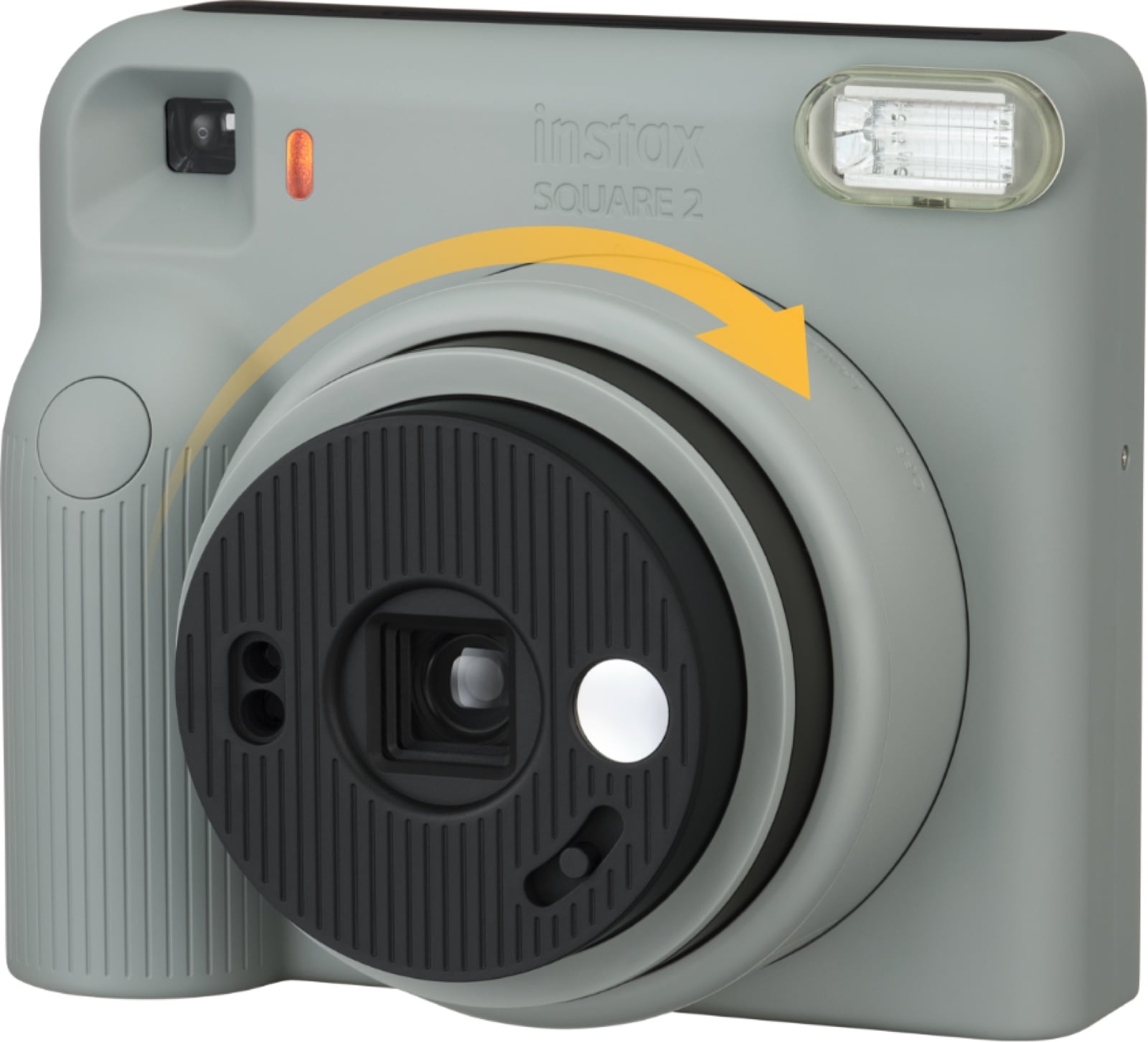 Máy ảnh instax SQUARE 2 màu xanh xám nhìn nghiêng, mũi tên cam chỉ chiều xoay vòng ống kính
