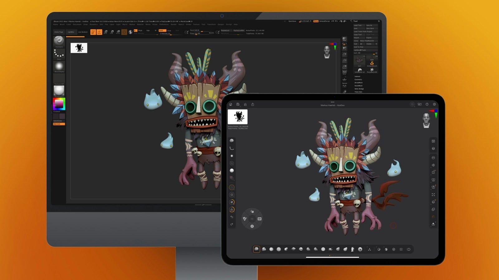Cùng một mô hình nhân vật đội mặt nạ có sừng mở trên màn hình máy tính và trên iPad, nền cam