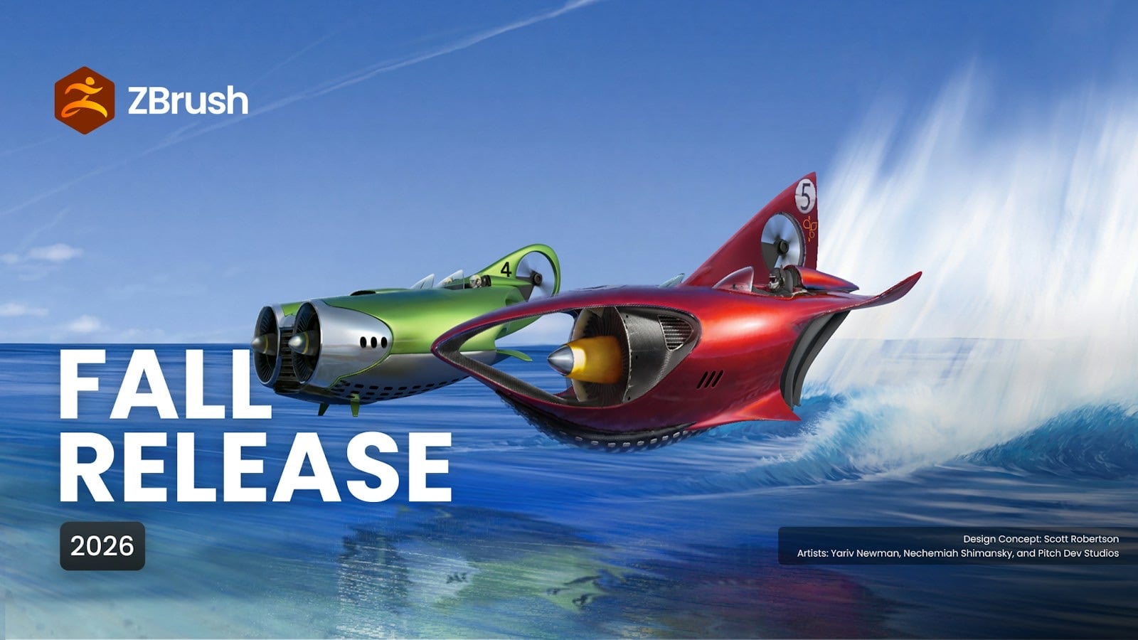 Ảnh giới thiệu ZBrush Fall Release 2026: hai chiếc thuyền phản lực màu đỏ và xanh lá lướt trên mặt biển xanh, logo ZBrush góc trái