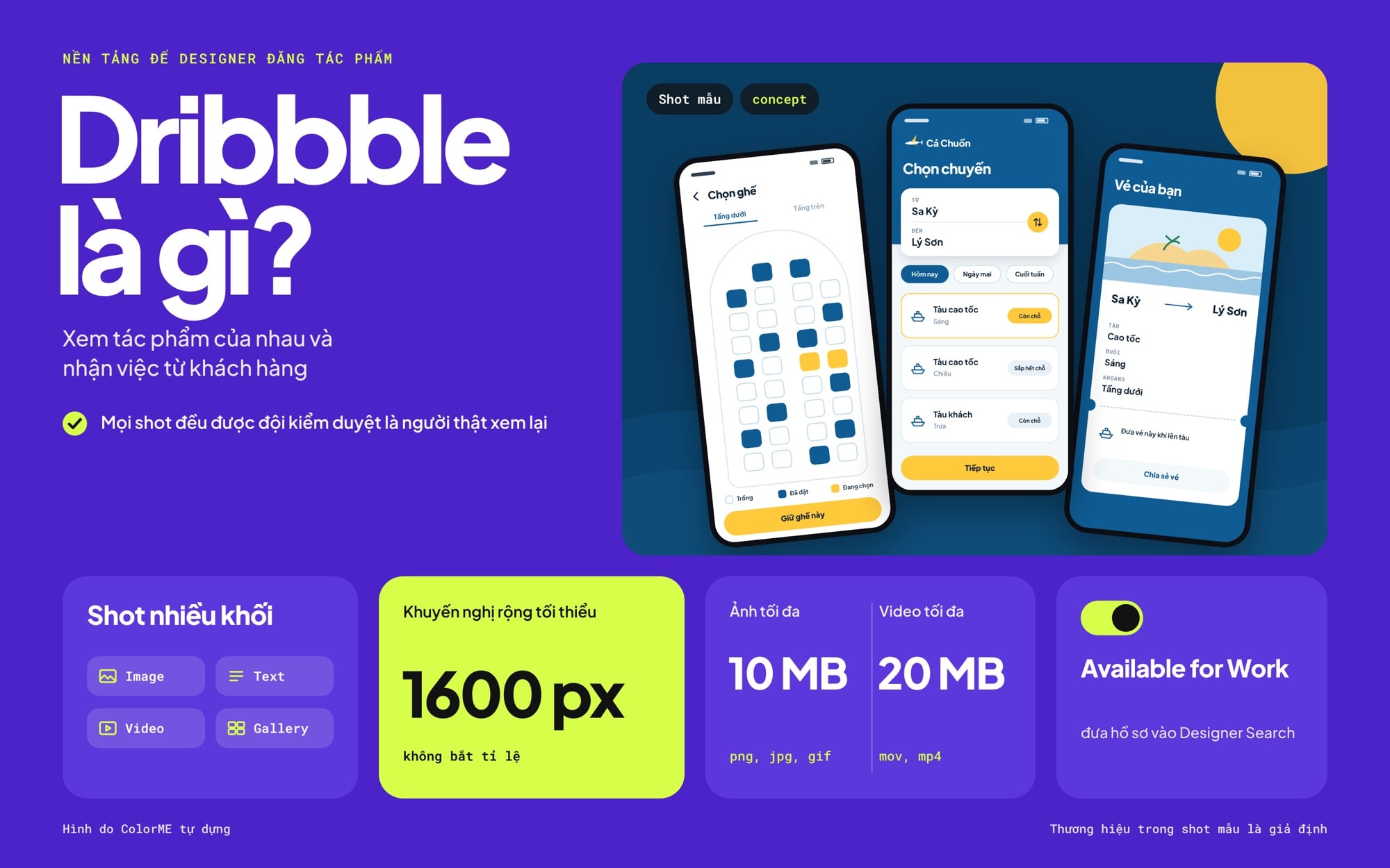 Dribbble là gì: shot mẫu, 1600 px, 10 MB, 20 MB và Available for Work