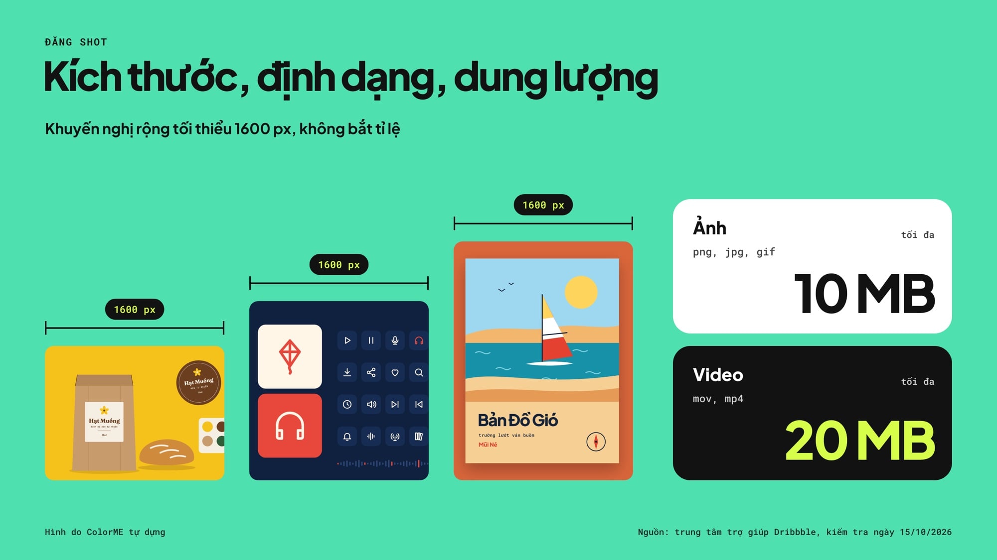 Kích thước shot Dribbble 1600 px, ảnh tối đa 10 MB, video tối đa 20 MB